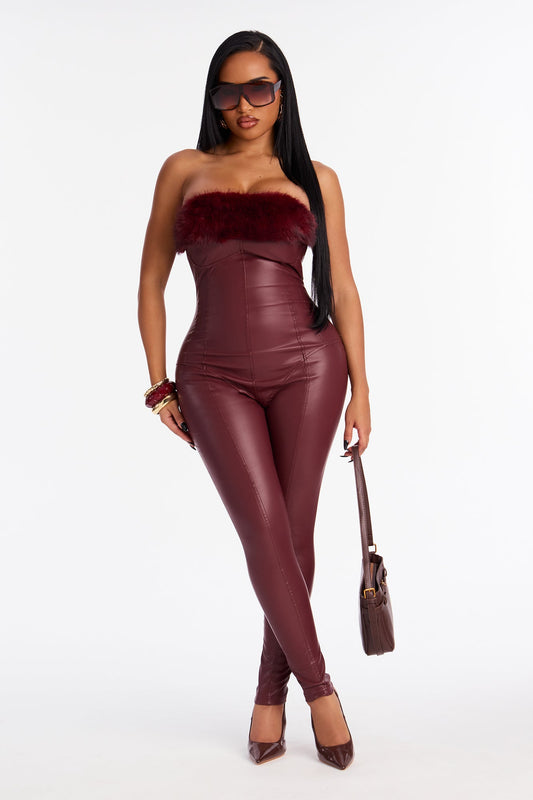 Viktoria Faux Leather Fur Trim Skinny Leg Jumpsuit - Burgundy