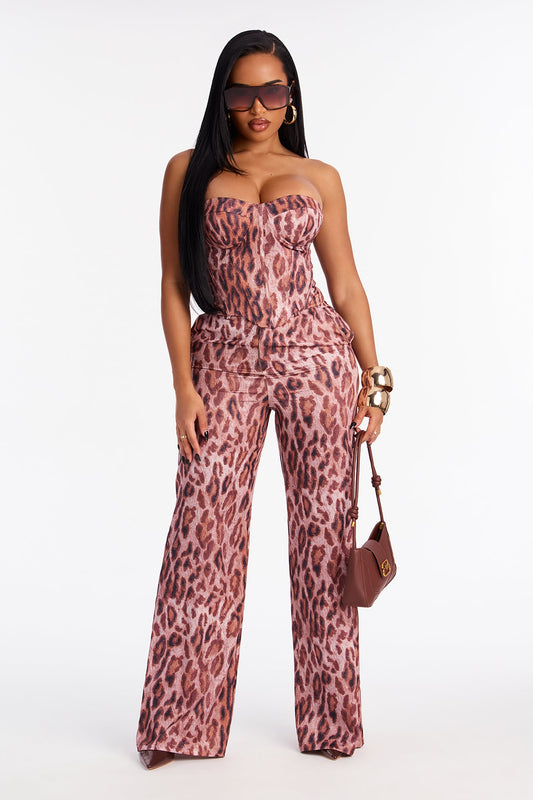 Melania Satin Corset Pant Set - Brown/combo