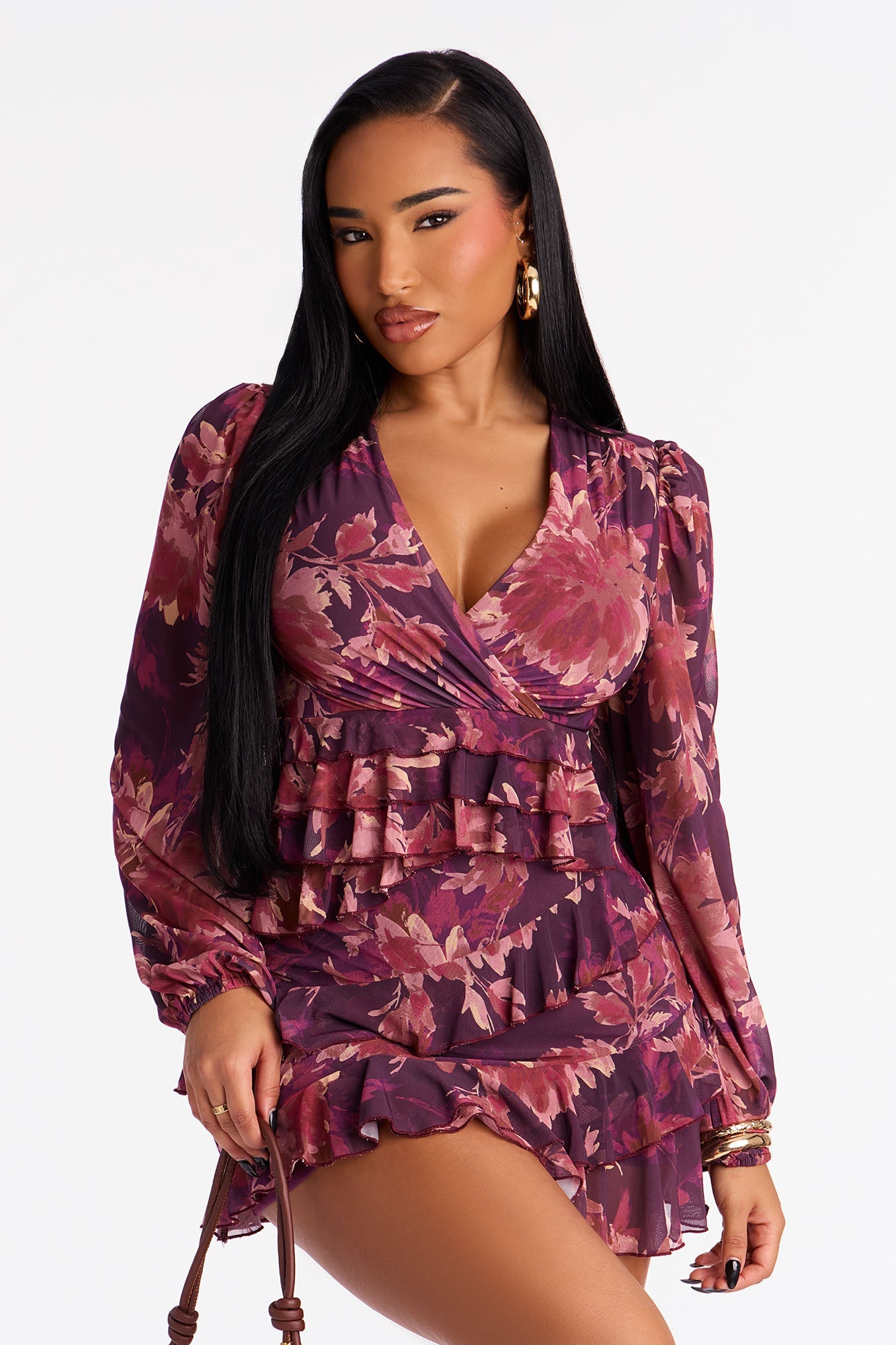 Jaida Ruffle Floral Mesh Mini Dress - Purple/combo