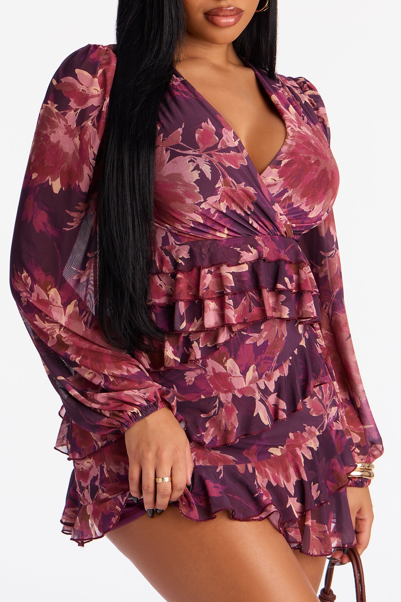 Jaida Ruffle Floral Mesh Mini Dress - Purple/combo