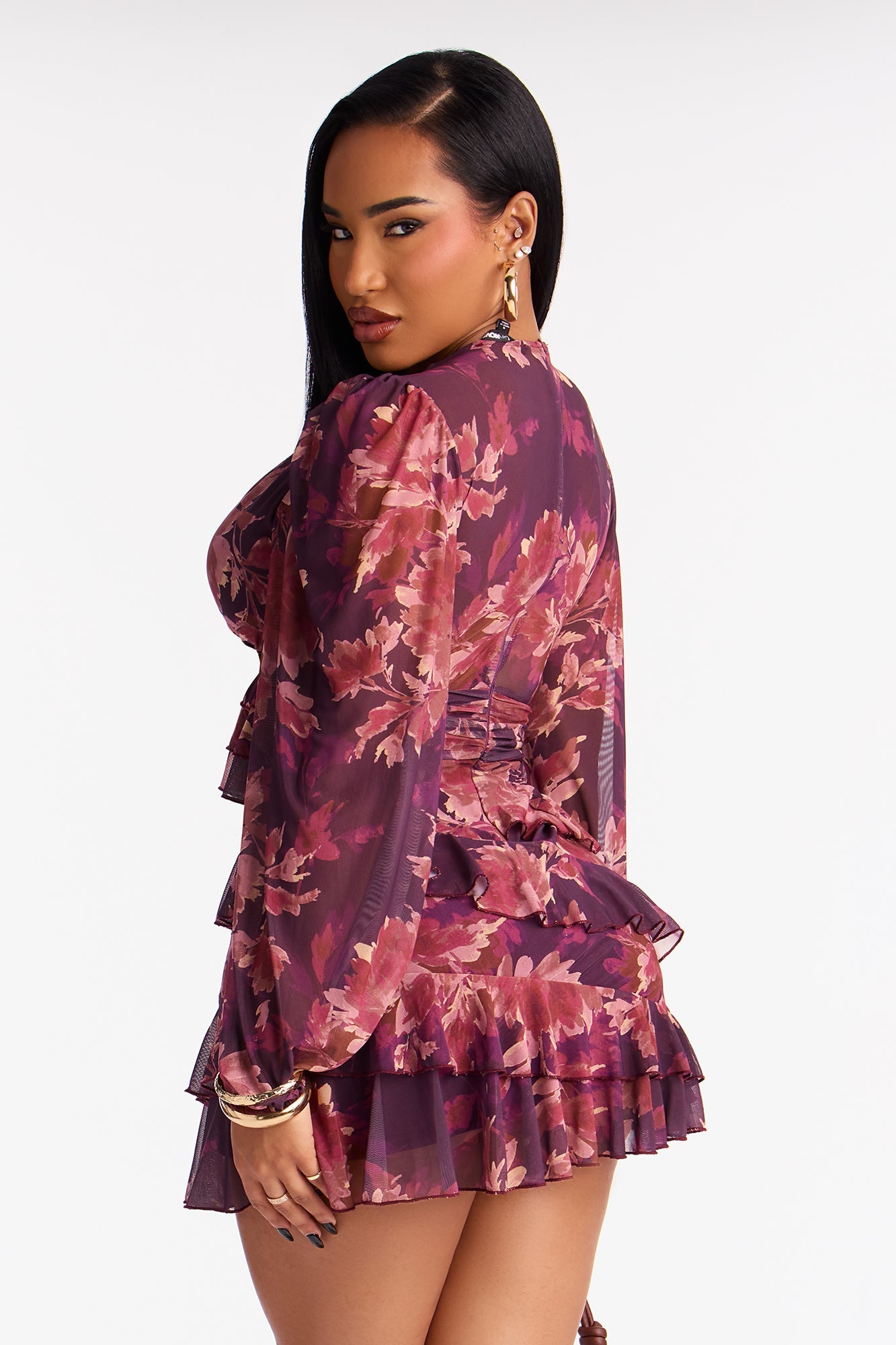 Jaida Ruffle Floral Mesh Mini Dress - Purple/combo
