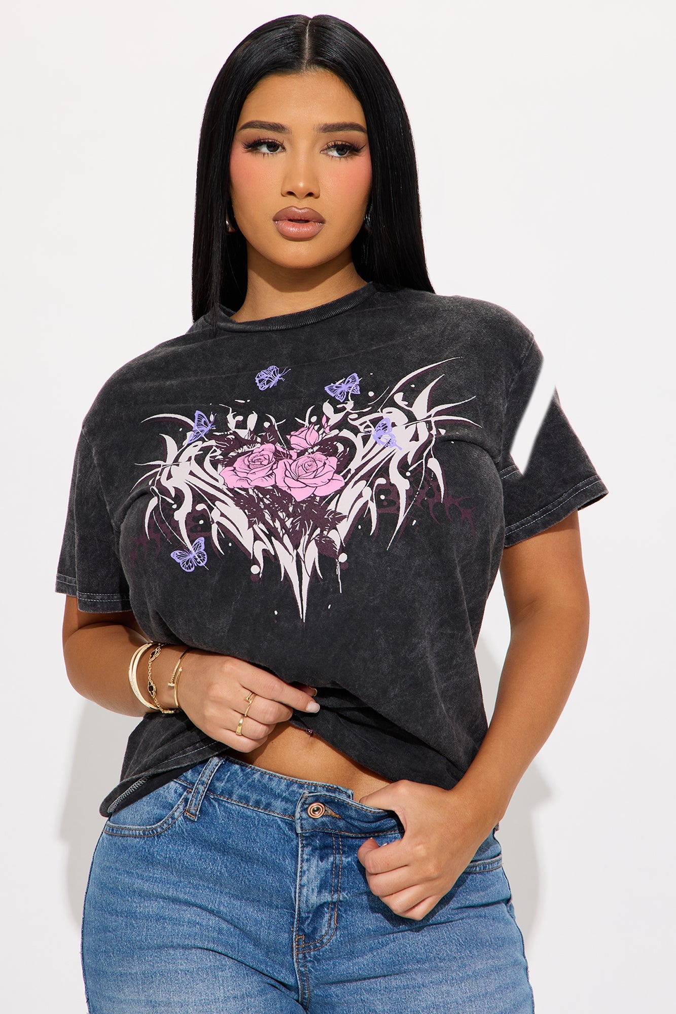Heart Barbed Wire Washed Tee - Black