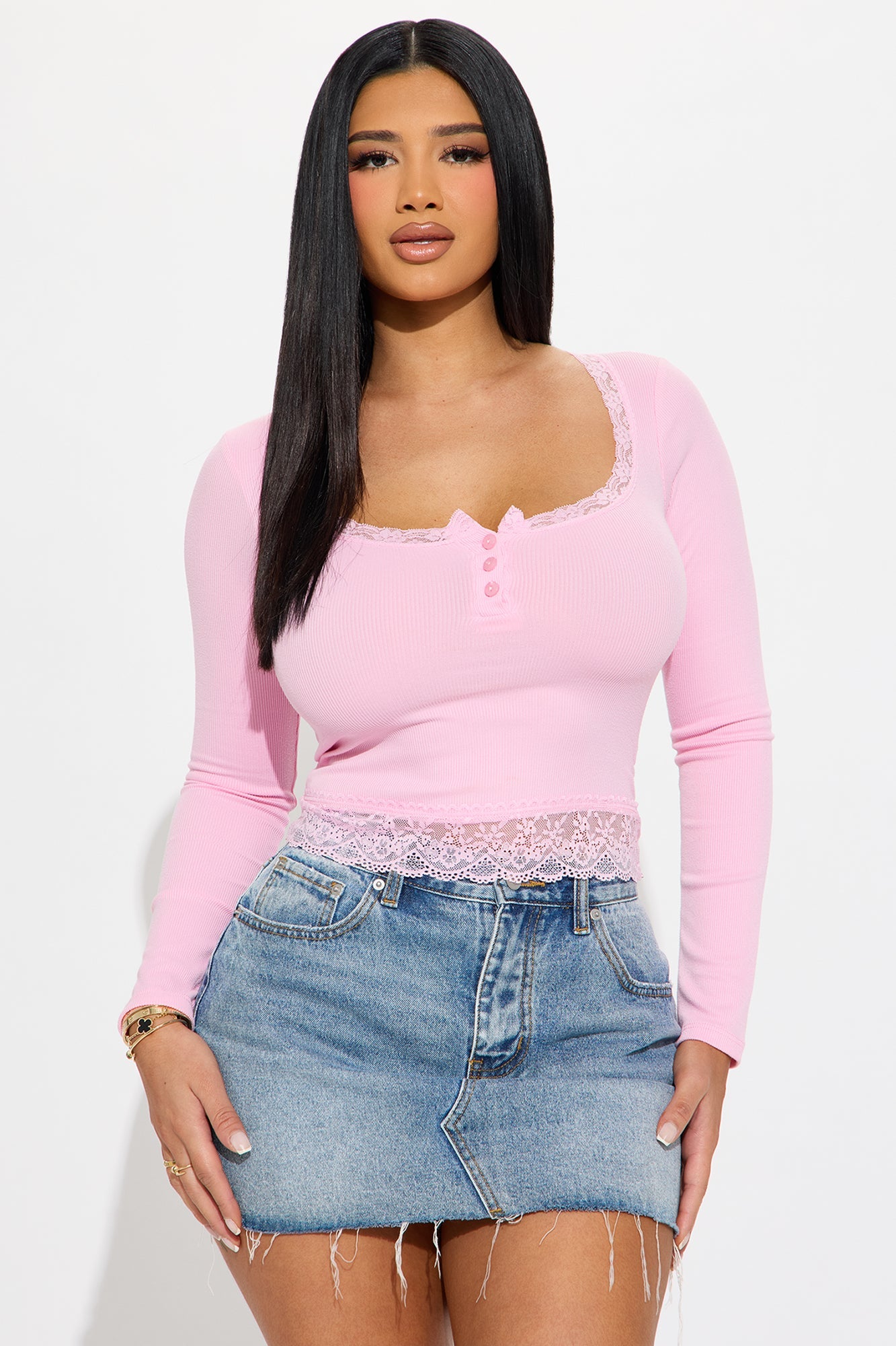 Mila Ribbed Lace Long Sleeve Henley Top - Light Pink