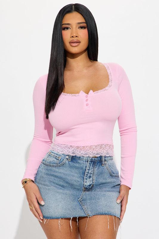Mila Ribbed Lace Long Sleeve Henley Top - Light Pink