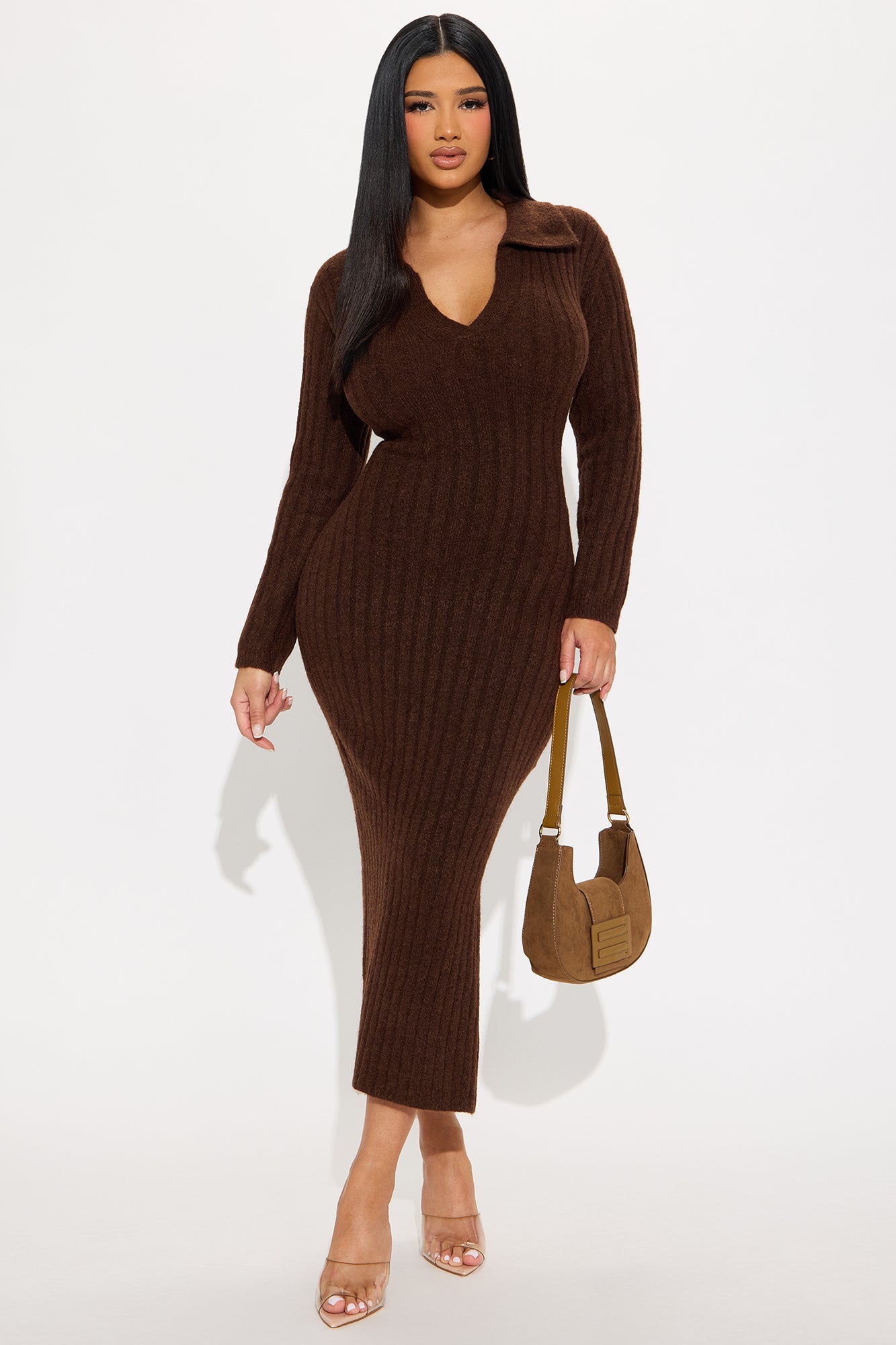 London Long Sleeve Sweater Midi Dress - Brown