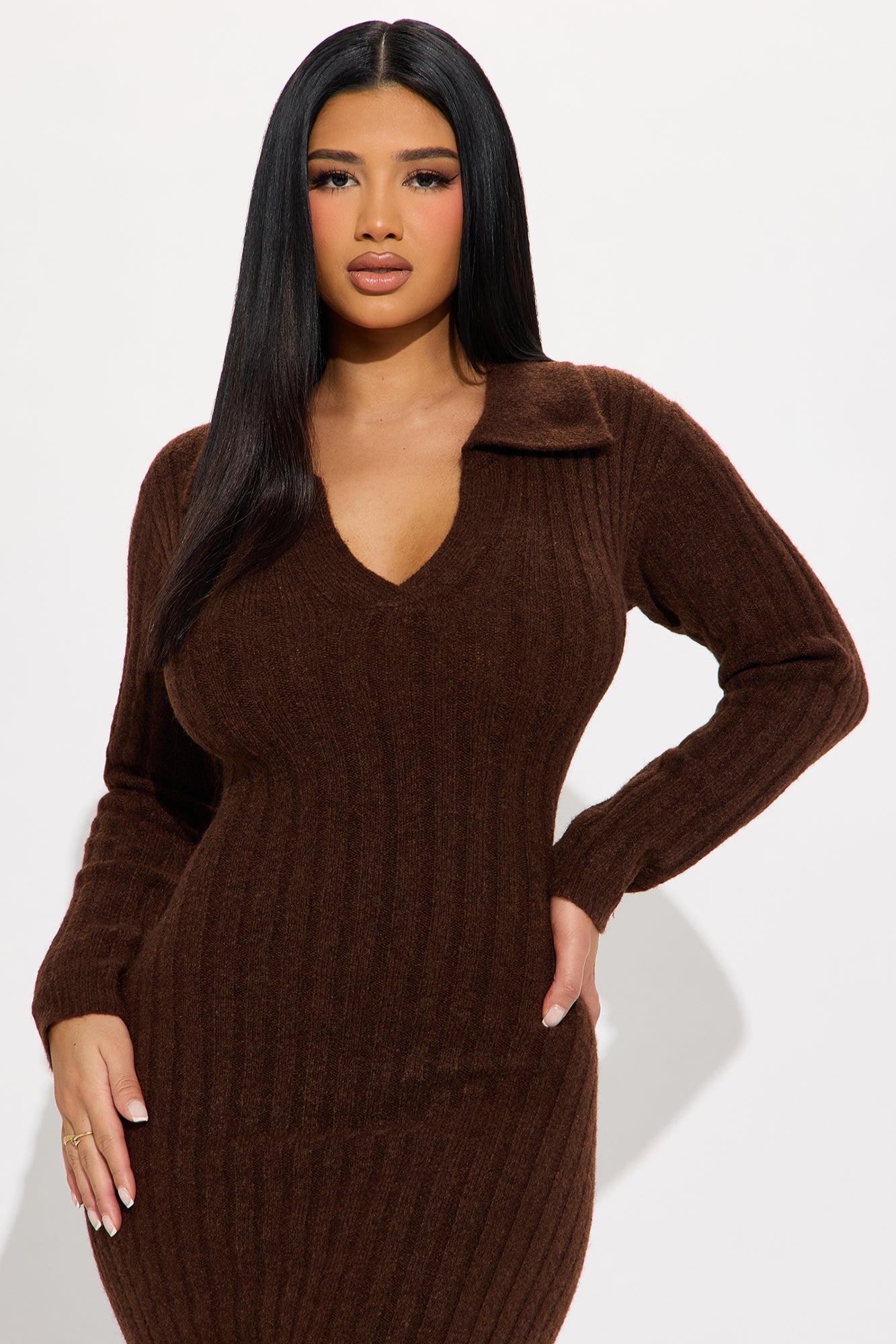 London Long Sleeve Sweater Midi Dress - Brown