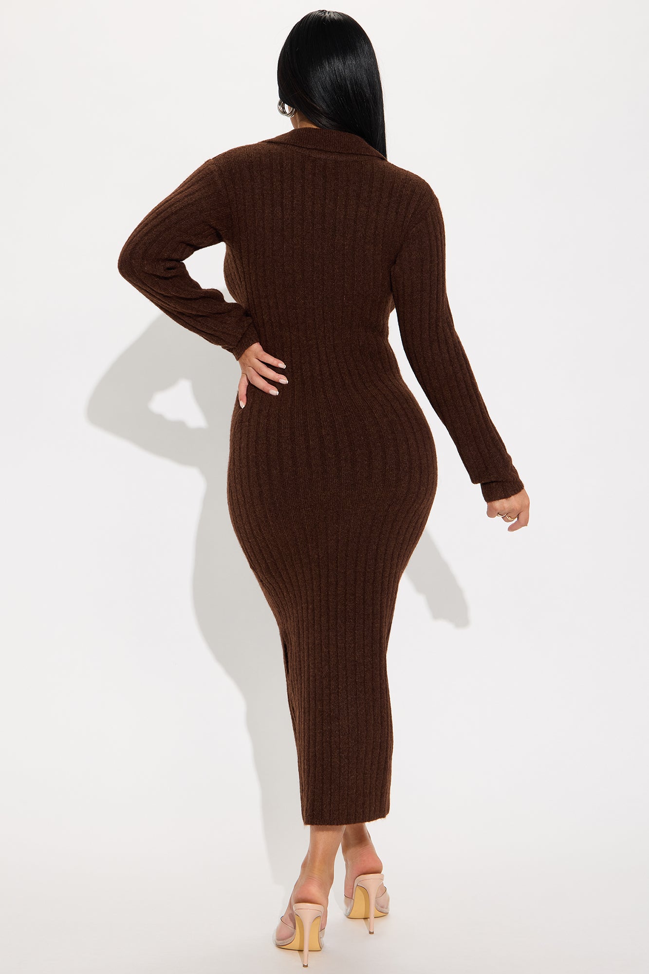 London Long Sleeve Sweater Midi Dress - Brown