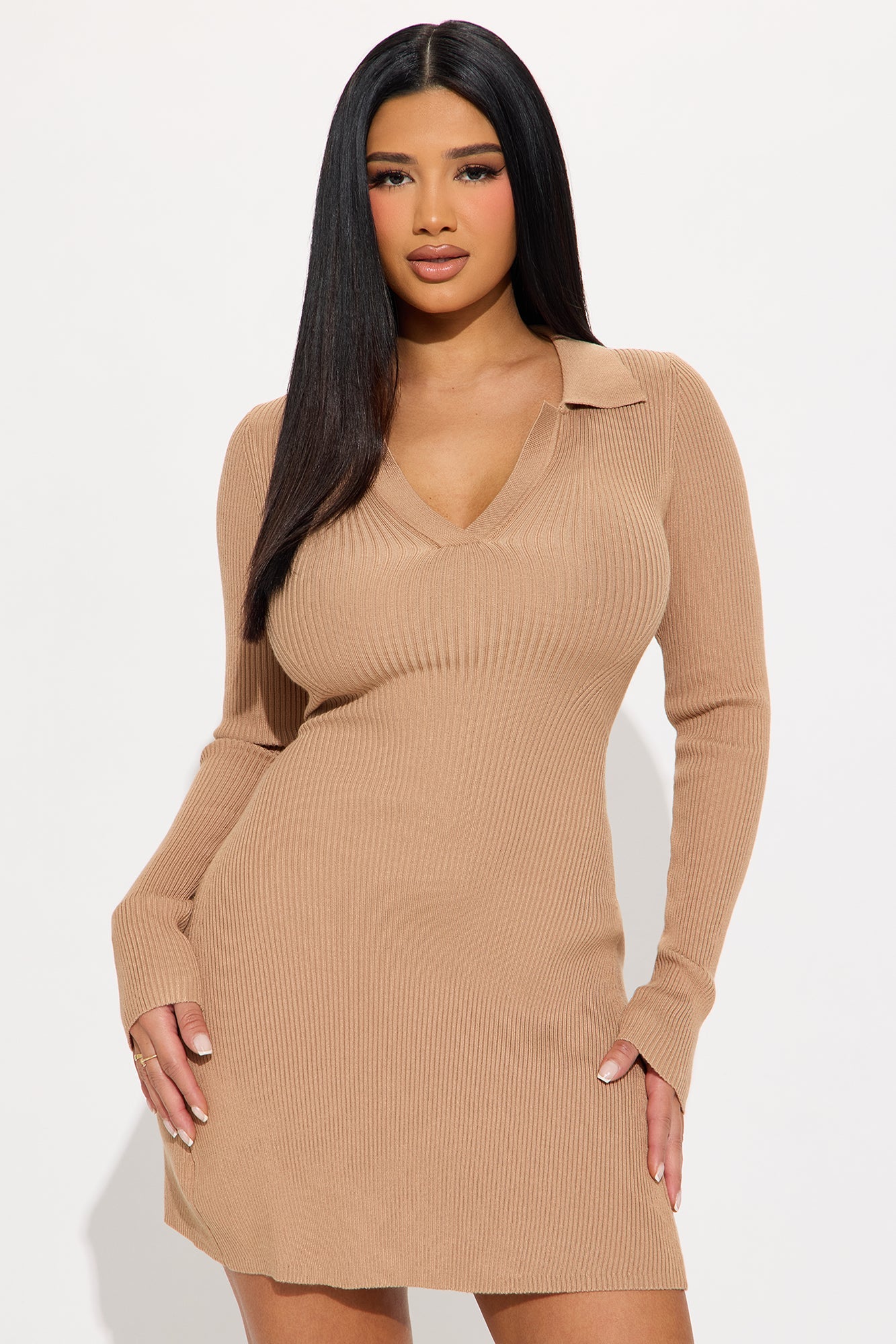 Soft Season Long Sleeve Sweater Mini Dress - Taupe