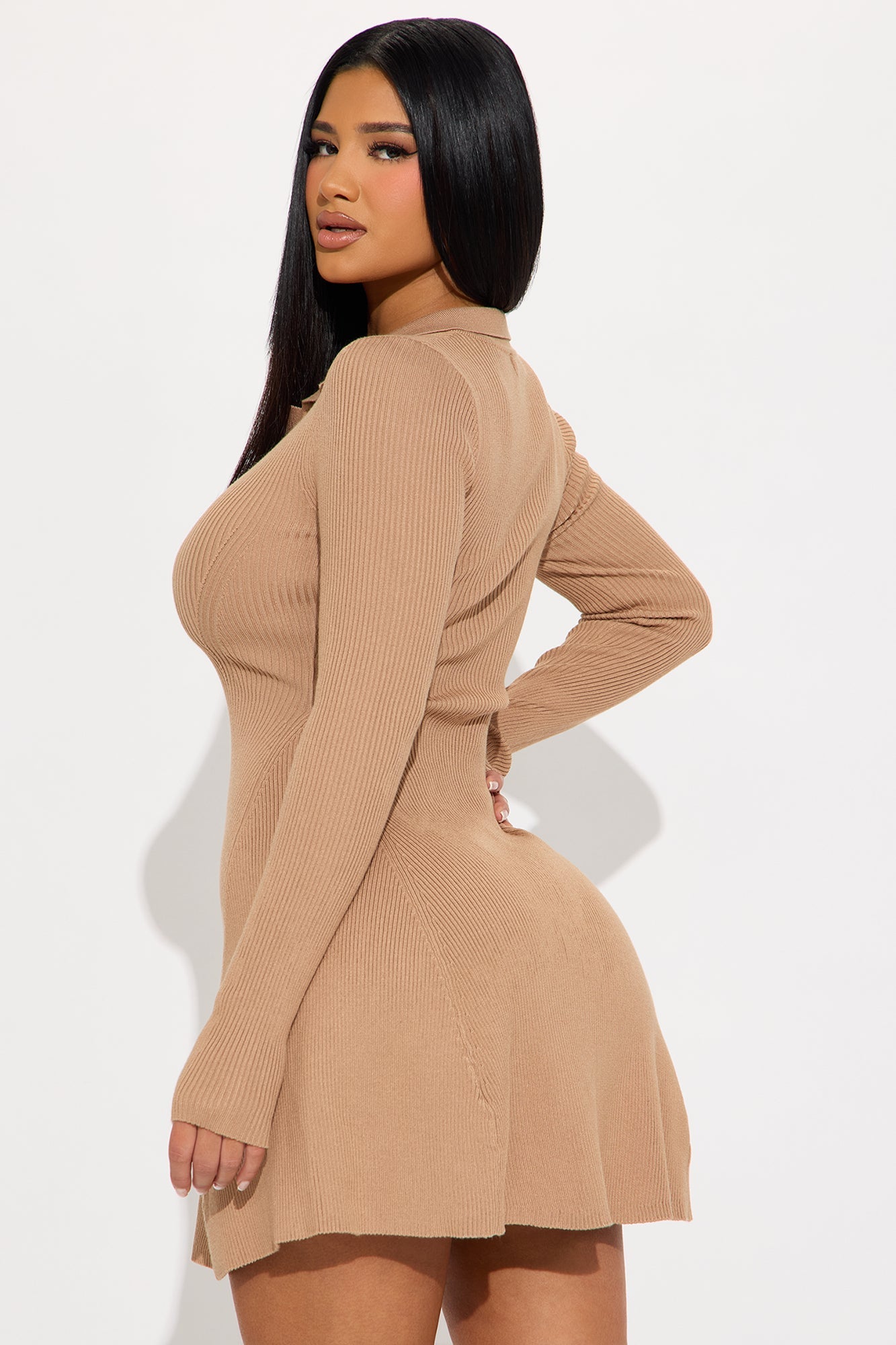Soft Season Long Sleeve Sweater Mini Dress - Taupe