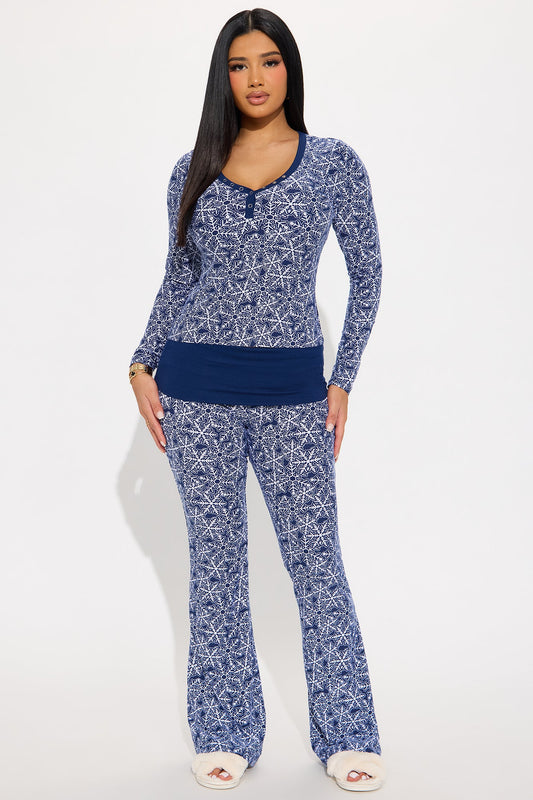 Snowflakes Everywhere Long Sleeve Foldover Flare Leg PJ Pant Set - Navy