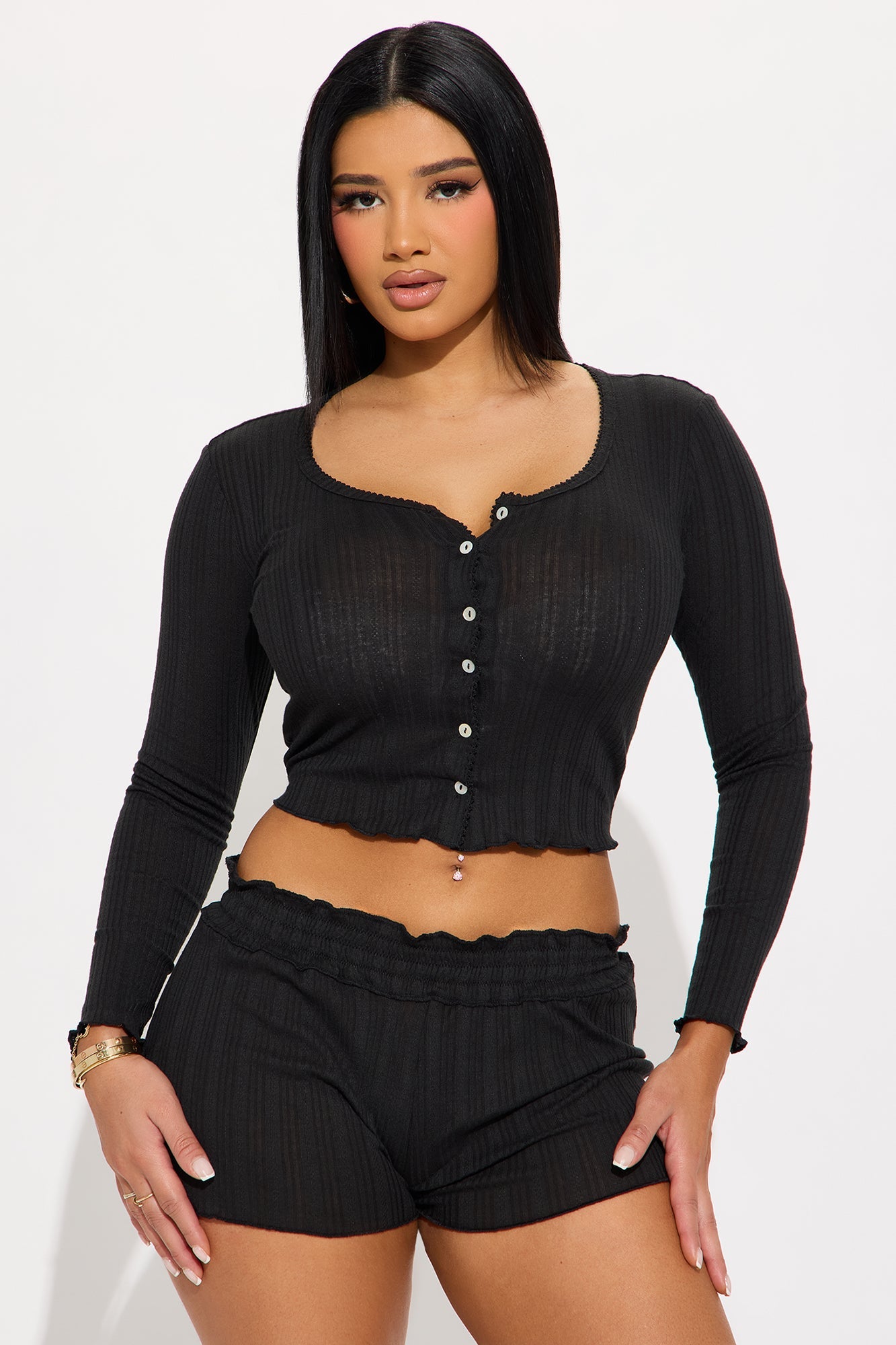 Good Morning Ribbed Long Sleeve PJ Short Set - Black