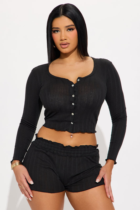 Good Morning Ribbed Long Sleeve PJ Short Set - Black