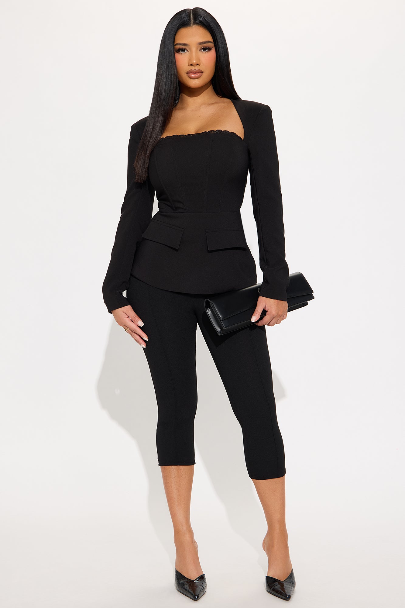 My Own Lane Shoulder Pads Lace Up Top - Black