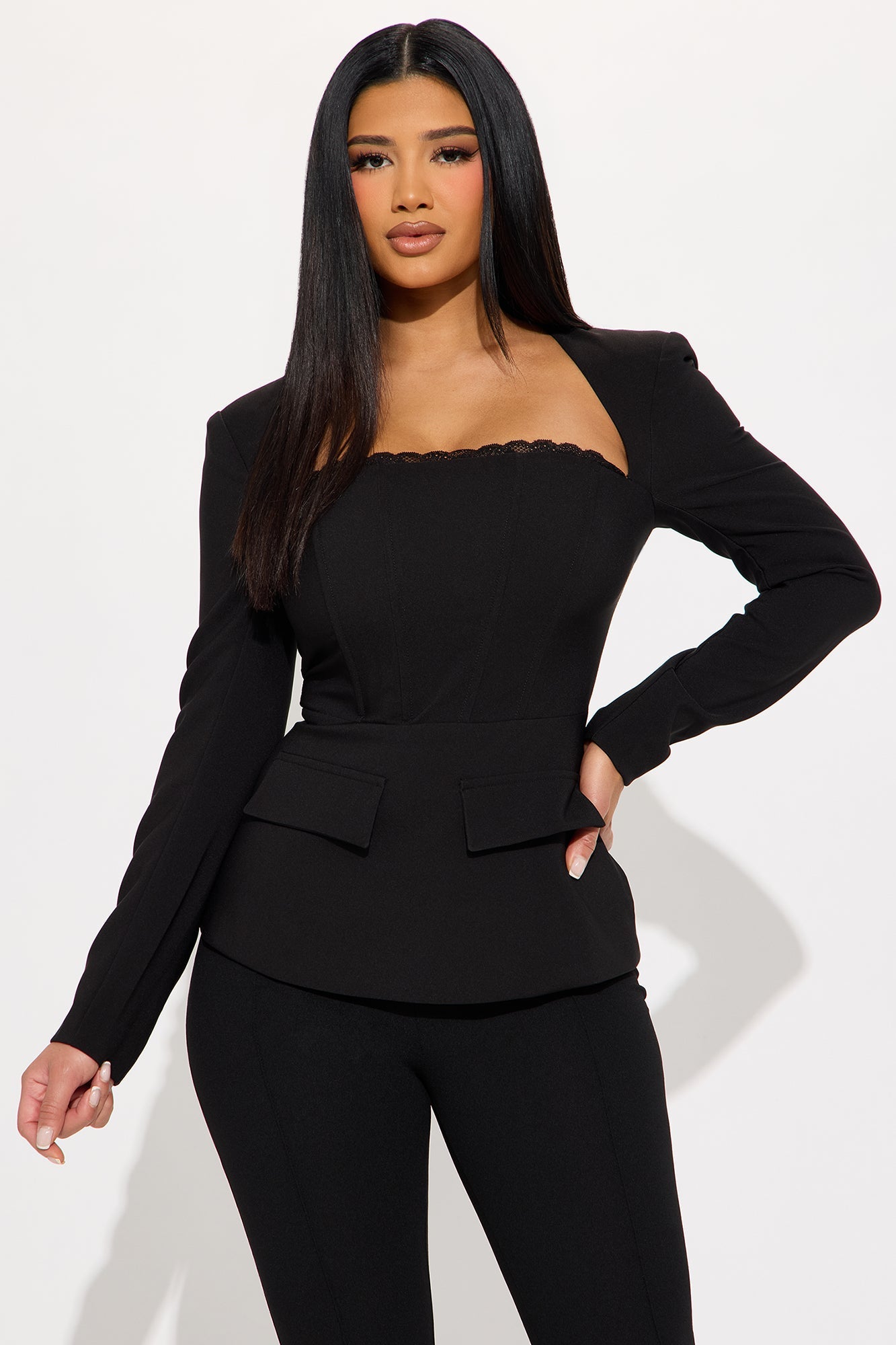 My Own Lane Shoulder Pads Lace Up Top - Black