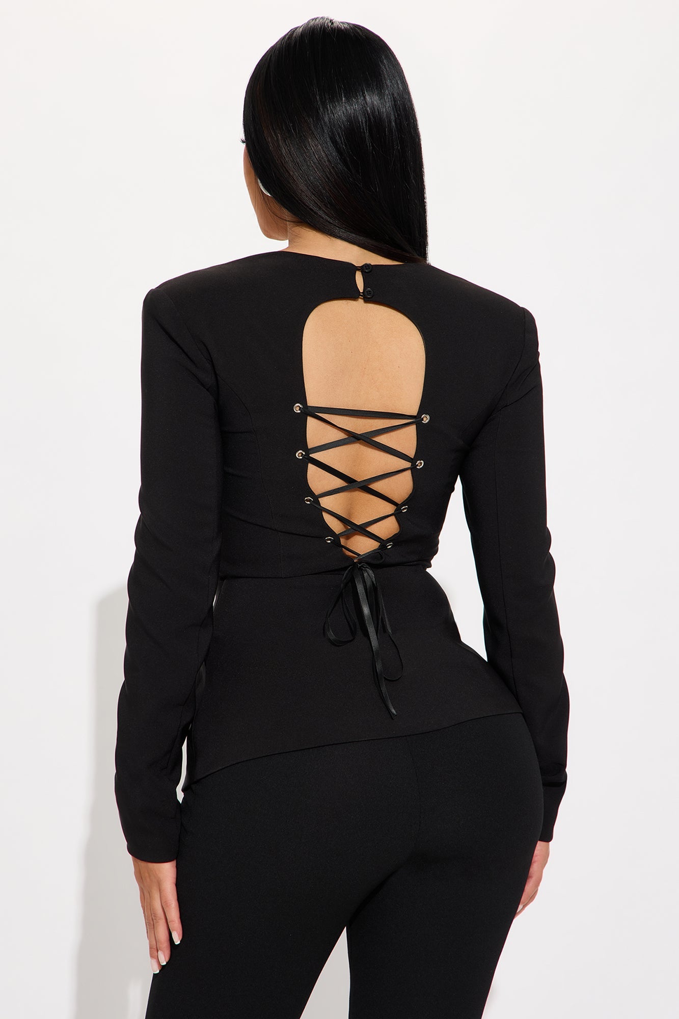 My Own Lane Shoulder Pads Lace Up Top - Black