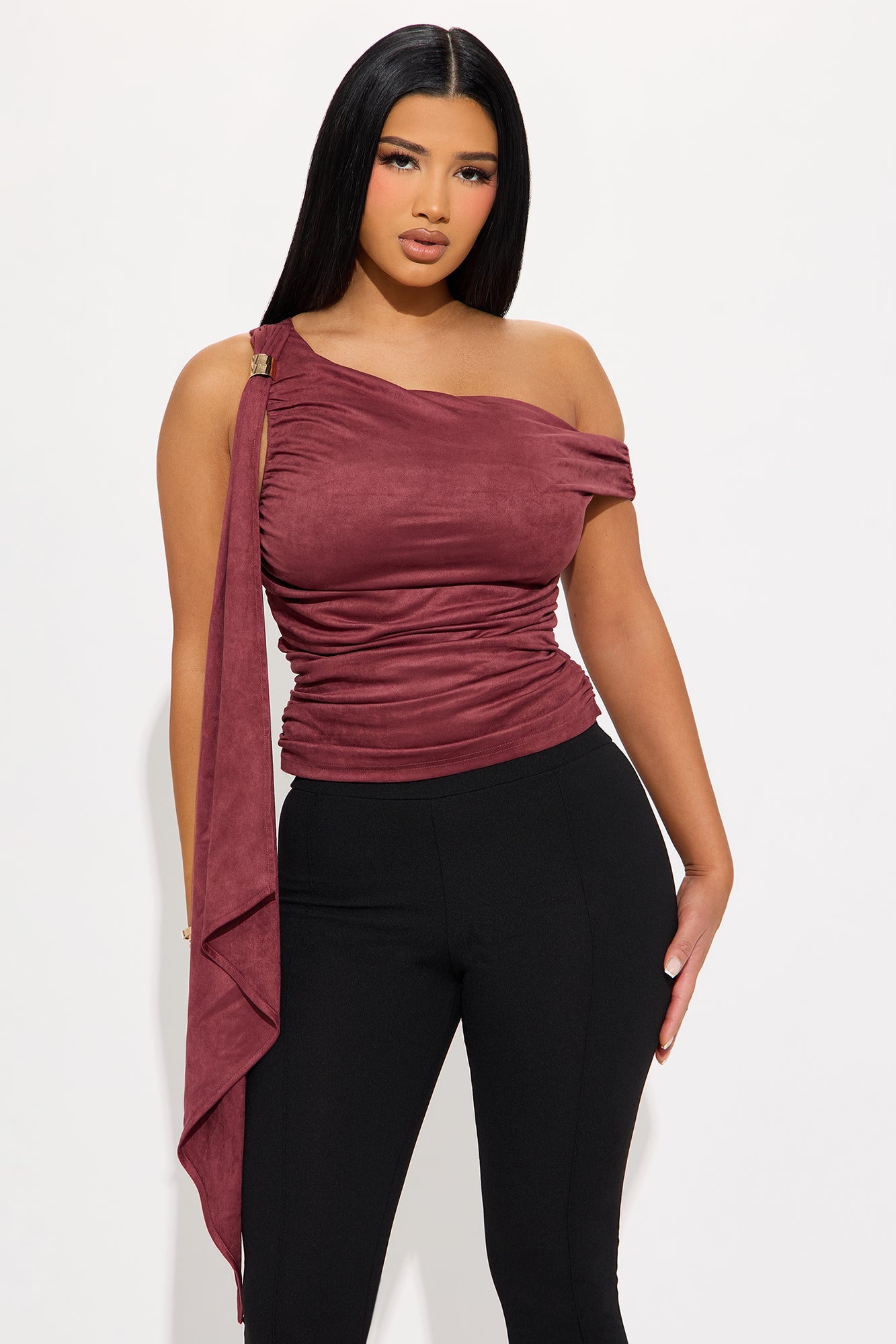 Club Classics Draped Faux Suede Top - Burgundy