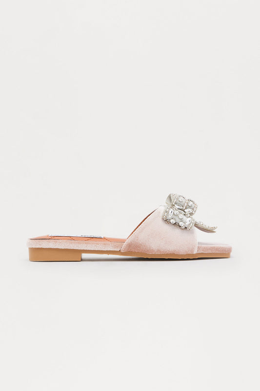 Ribbona Rhinestone Velvet Sandals - Beige