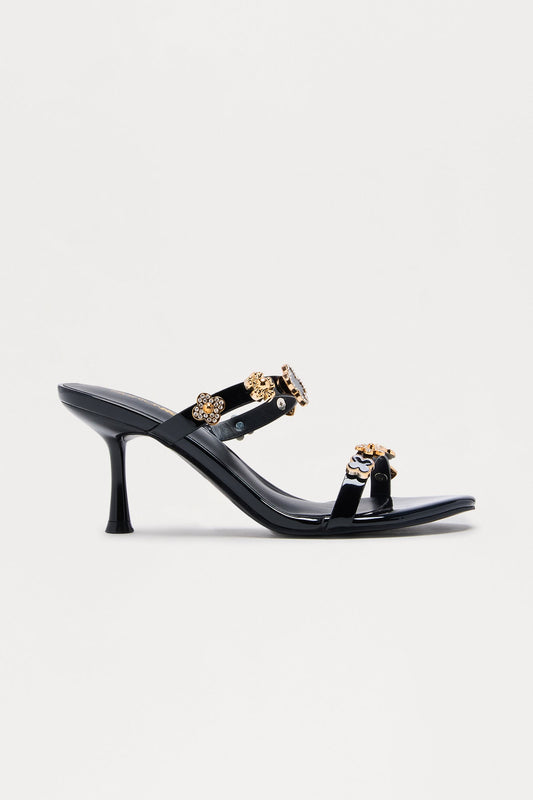 Adela Charm Faux Patent Mules - Black