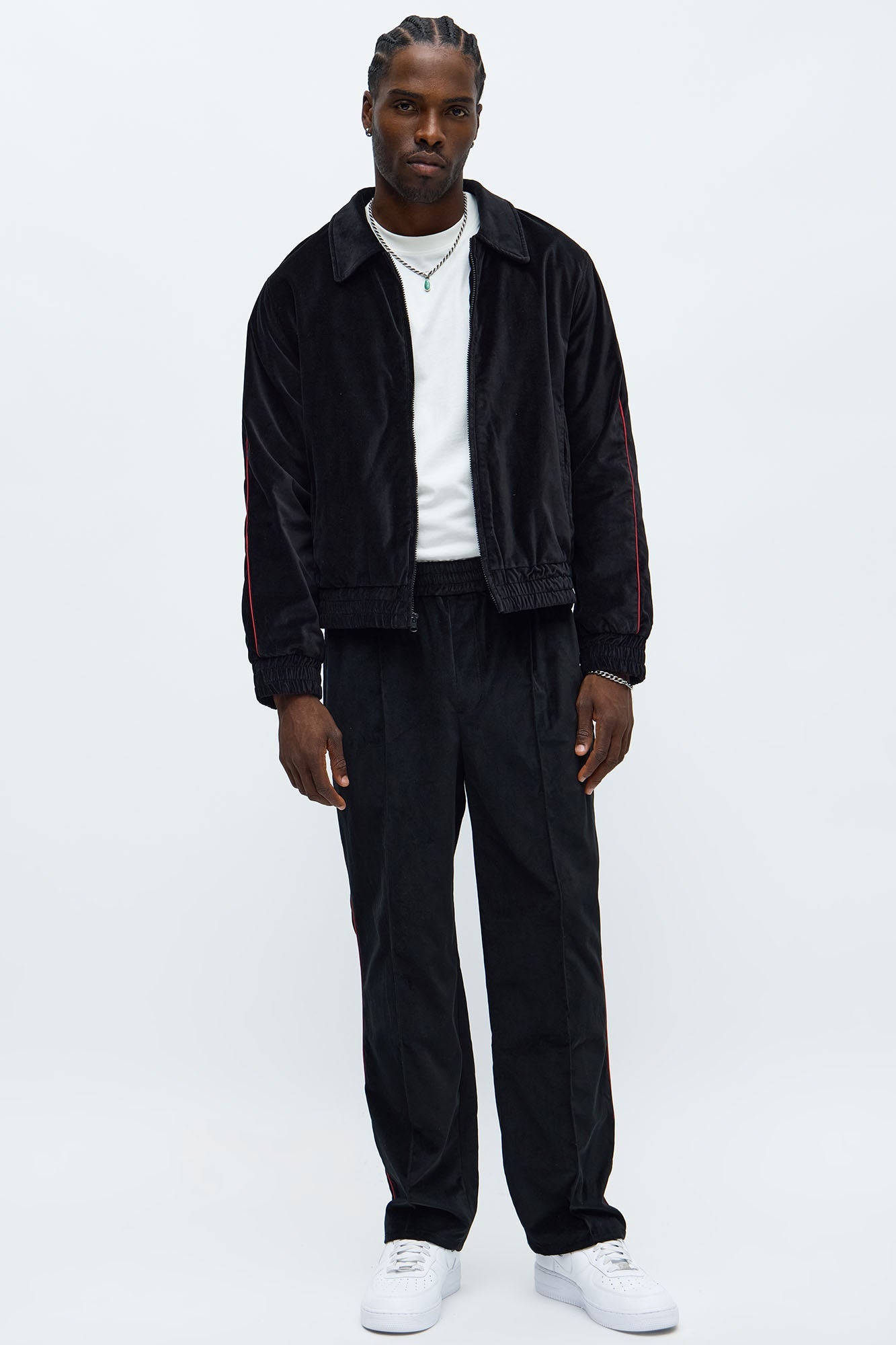 Cropped Around The Track Faux Velour Piped Zip Jacket - Black