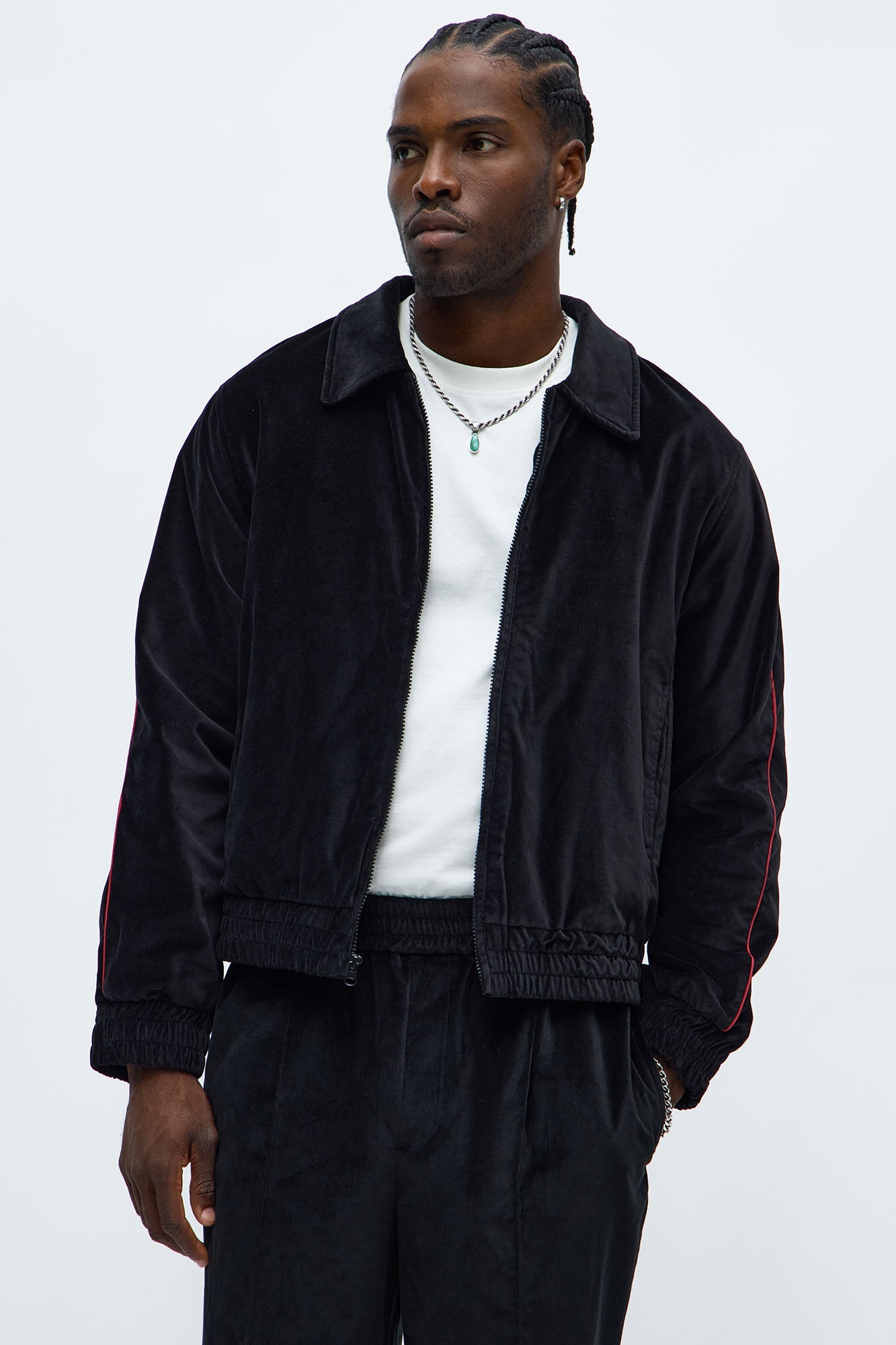 Cropped Around The Track Faux Velour Piped Zip Jacket - Black