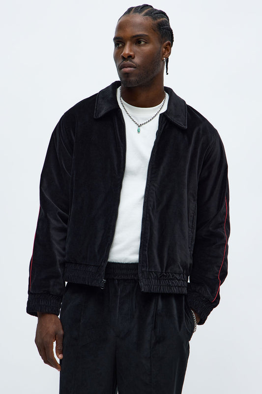 Cropped Around The Track Faux Velour Piped Zip Jacket - Black