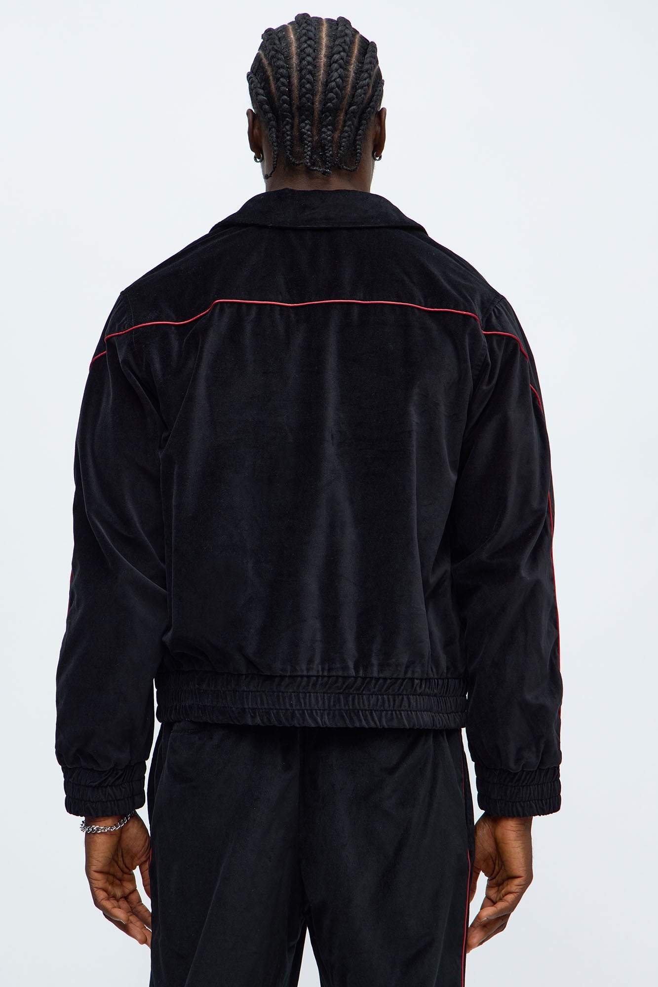 Cropped Around The Track Faux Velour Piped Zip Jacket - Black