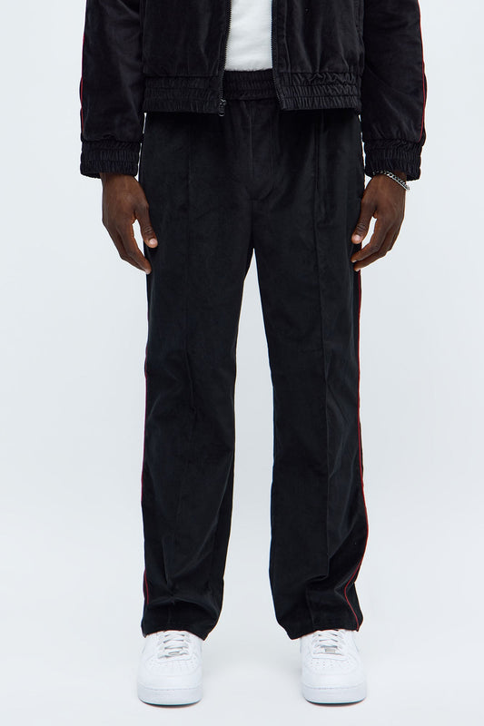 Straight Around The Track Faux Velour Piped Pant - Black