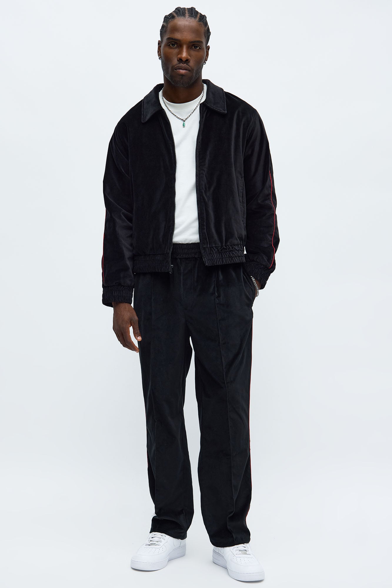 Straight Around The Track Faux Velour Piped Pant - Black