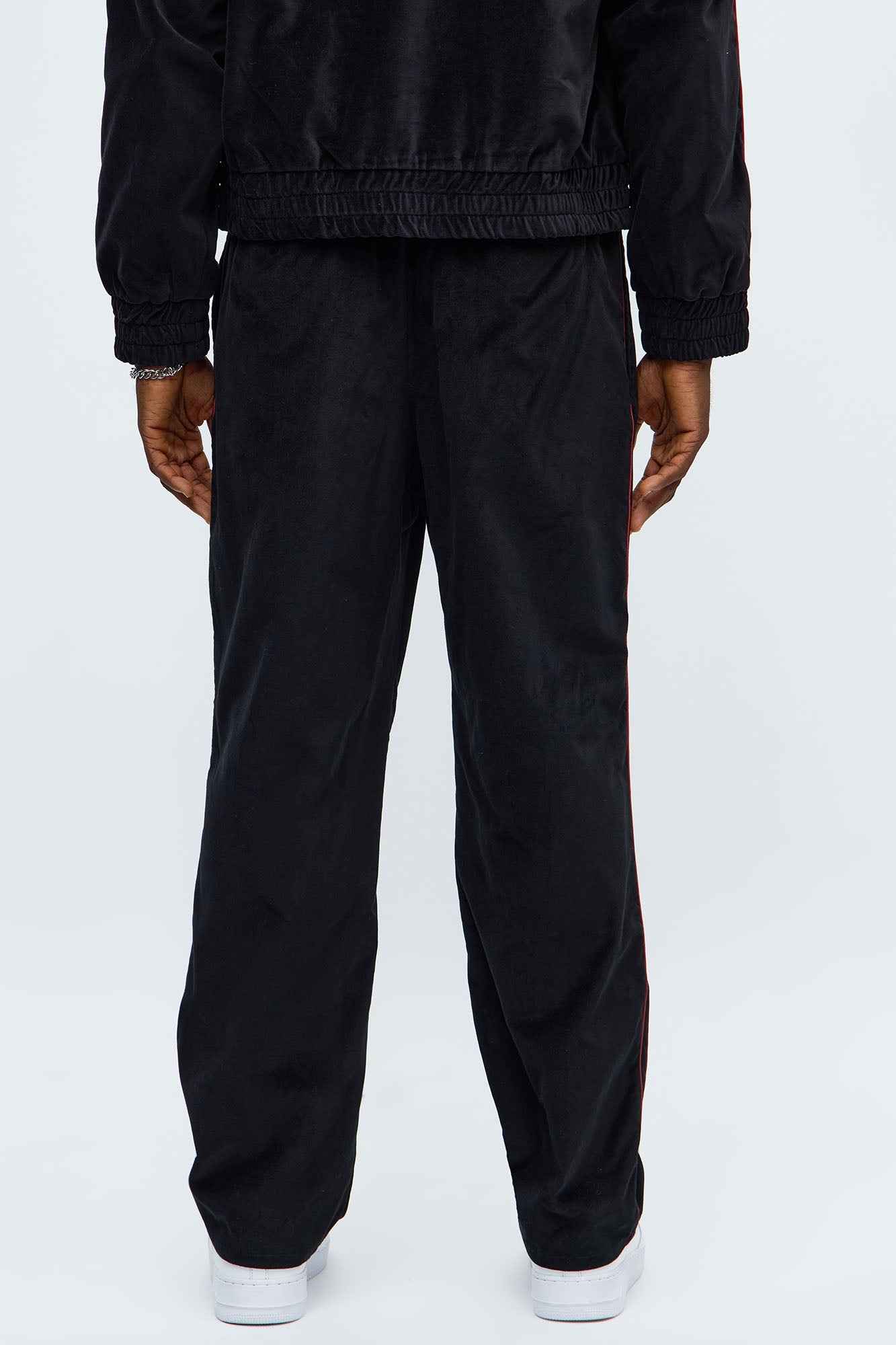 Straight Around The Track Faux Velour Piped Pant - Black