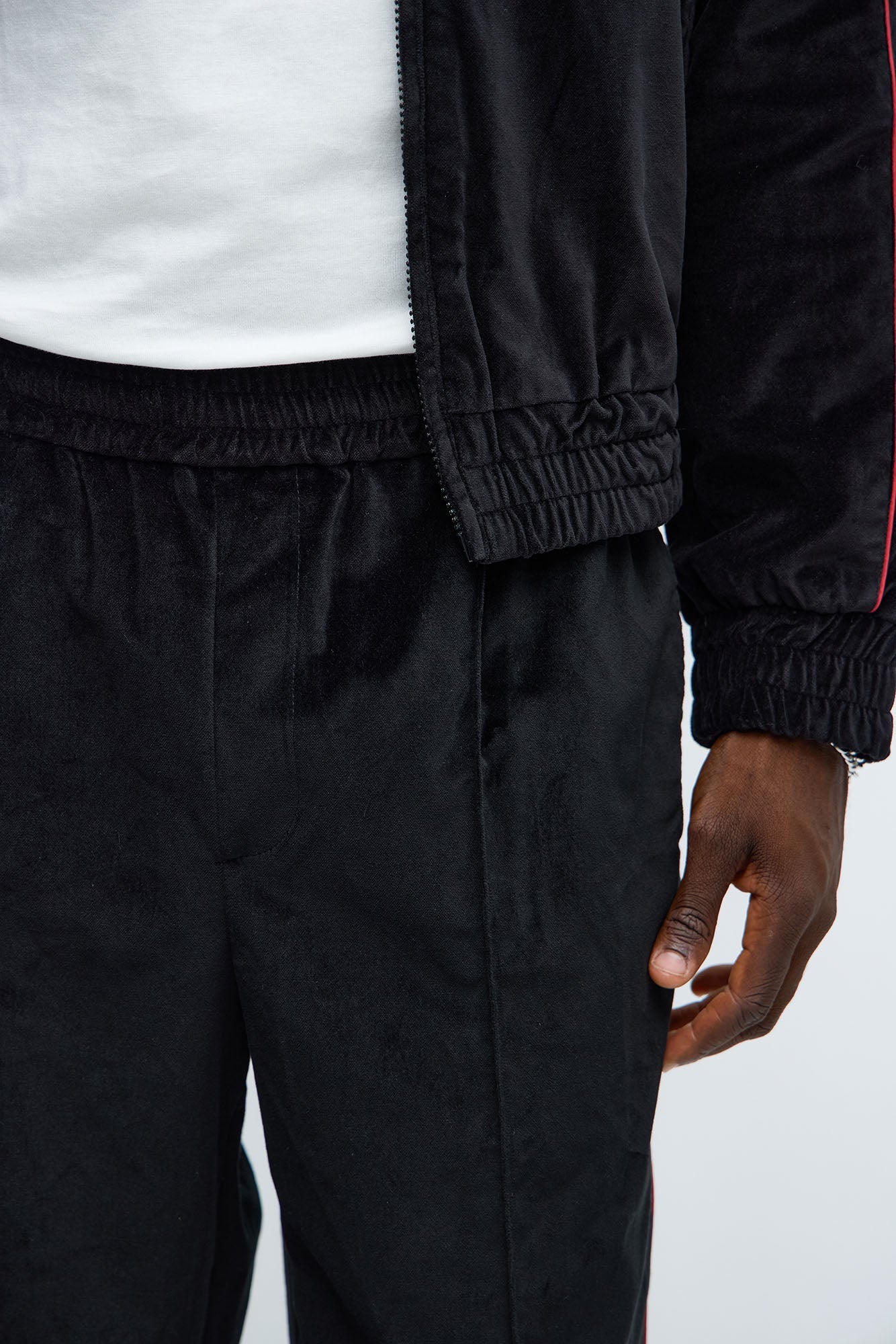 Straight Around The Track Faux Velour Piped Pant - Black