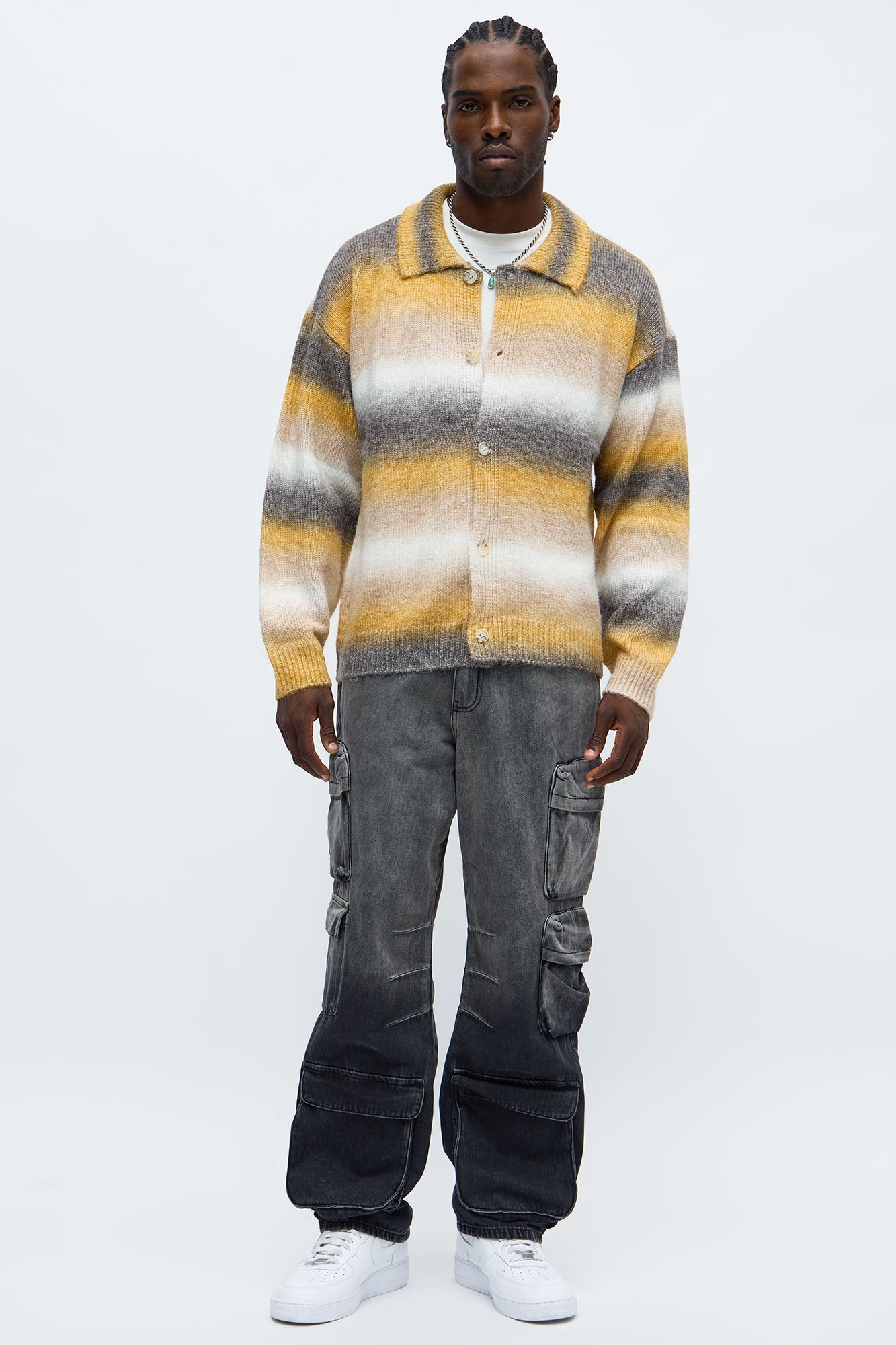 Mix Blend Striped Collared Cardigan - Multi Color