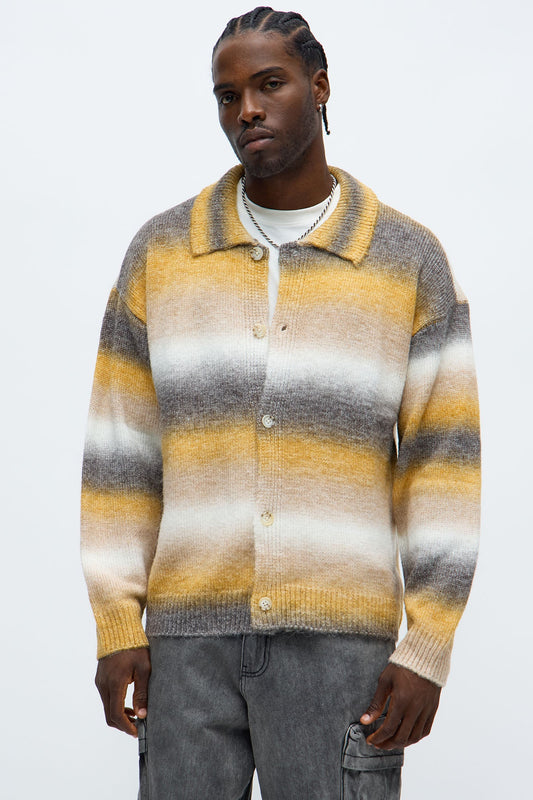 Mix Blend Striped Collared Cardigan - Multi Color