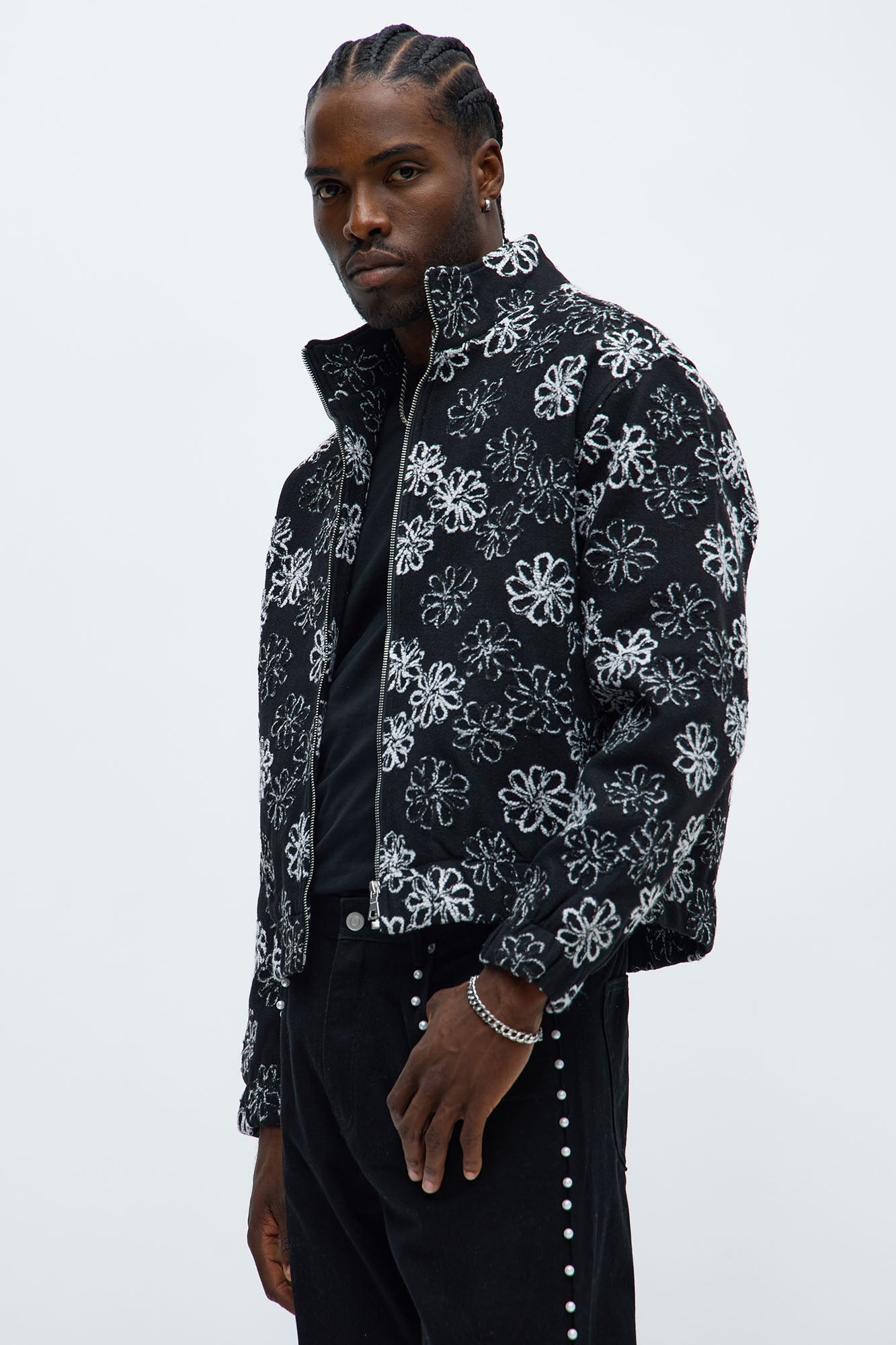 Relaxed Textured Gardenia Bomber Jacket - Black/combo