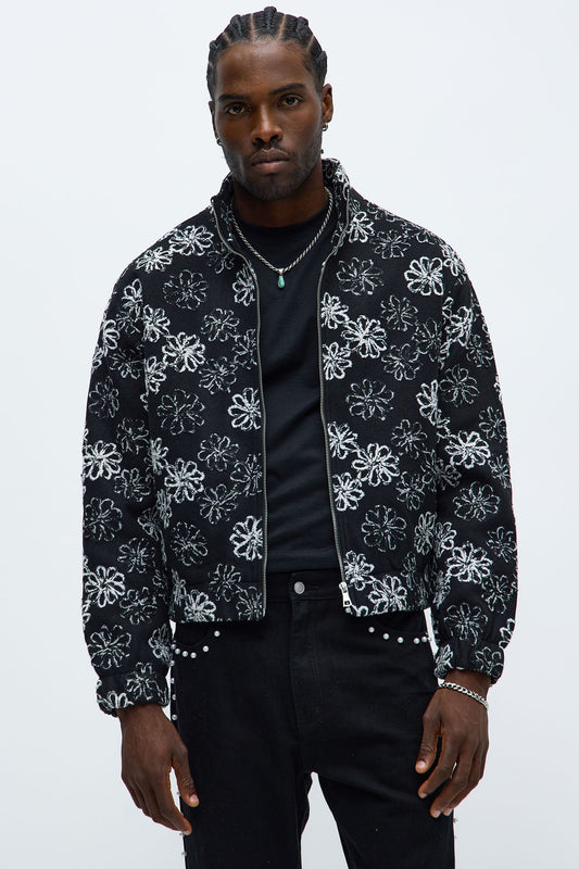 Relaxed Textured Gardenia Bomber Jacket - Black/combo