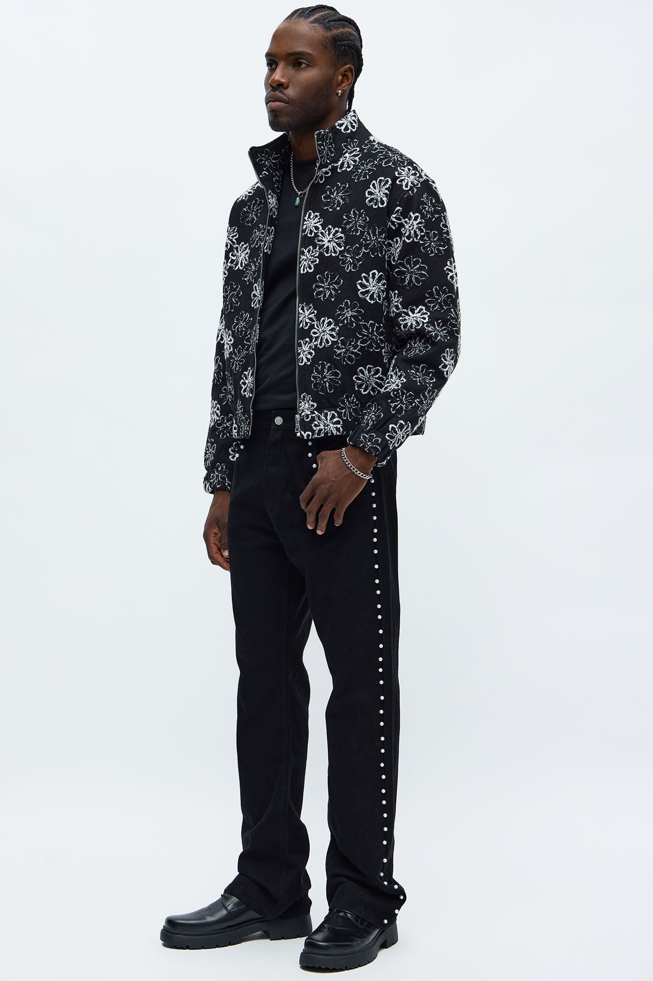 Stacked Slim Flare Pearls Along Side Jean - Black