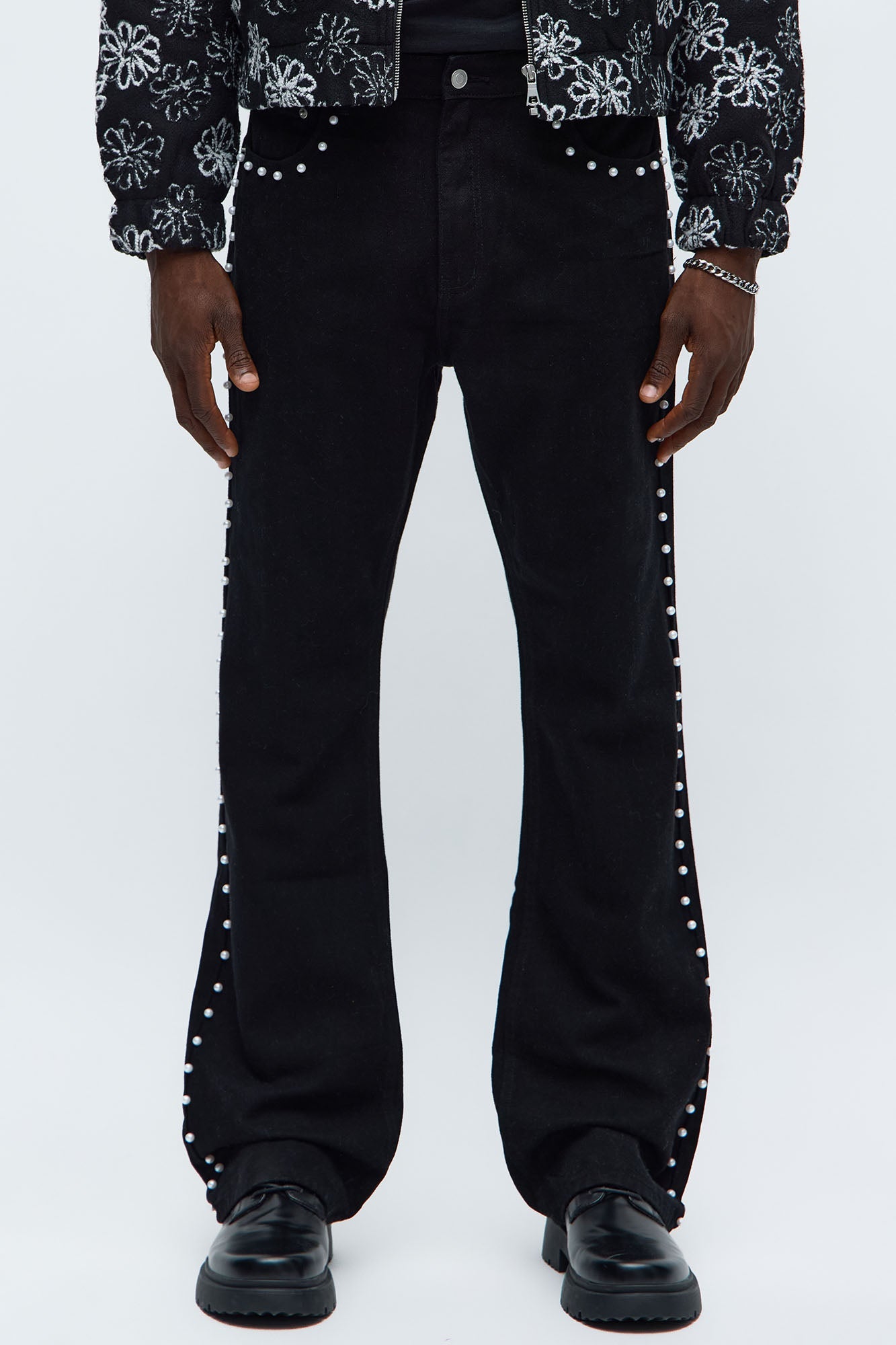 Stacked Slim Flare Pearls Along Side Jean - Black