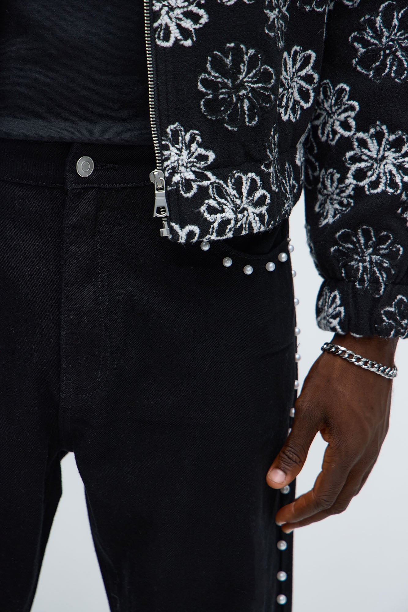 Stacked Slim Flare Pearls Along Side Jean - Black