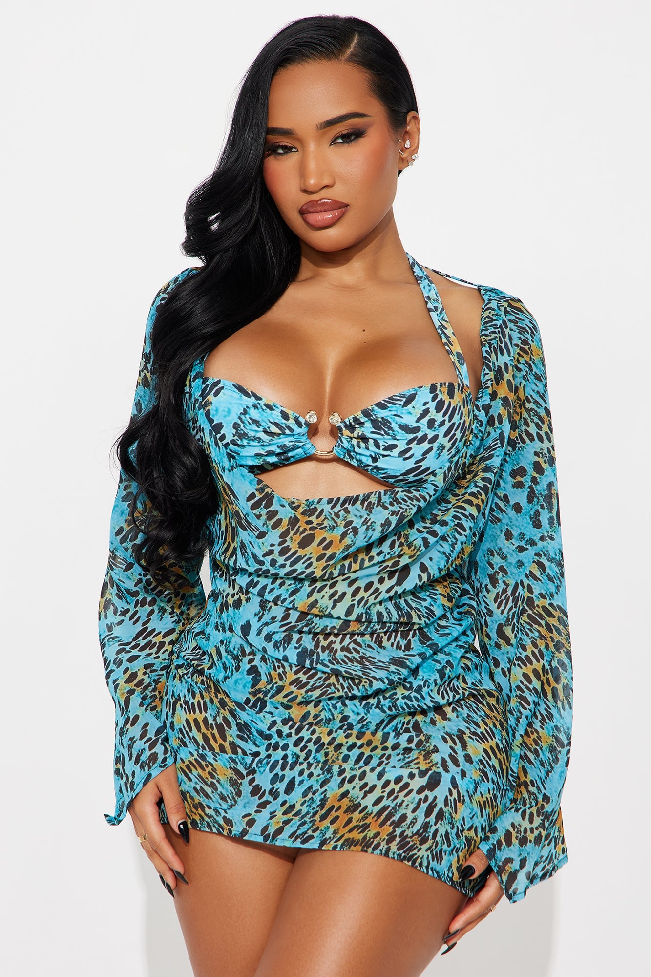 Late Cabo Nights Rhinestone Hardware 3 Piece Bikini & Double Cowl Dress Set - Blue/combo