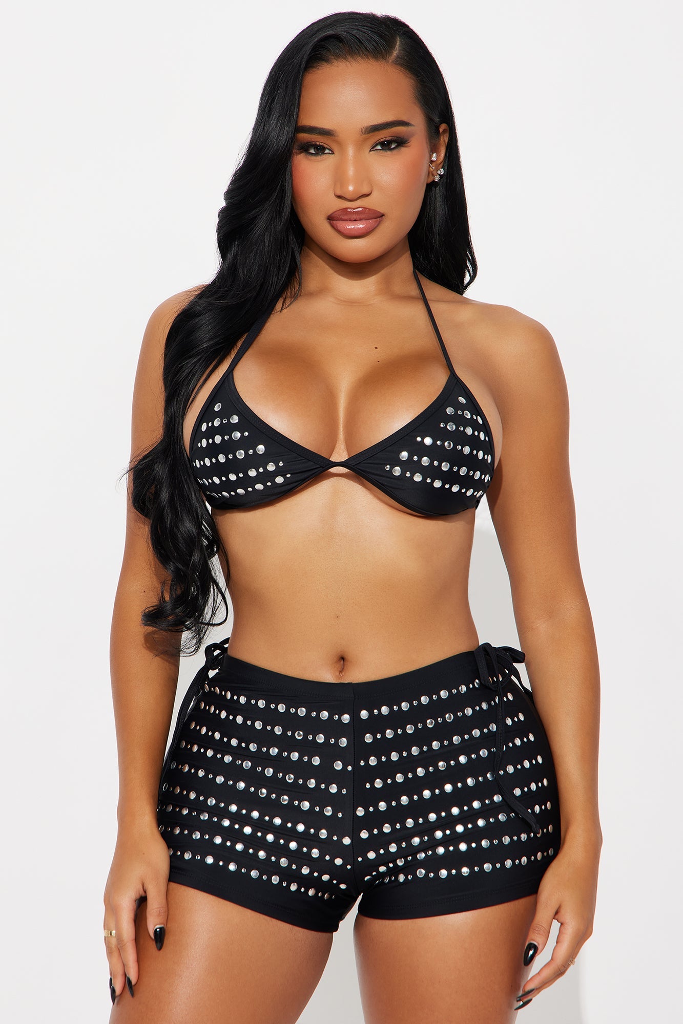 Elisa Studded 3 Piece Bikini Boyshort Set - Black