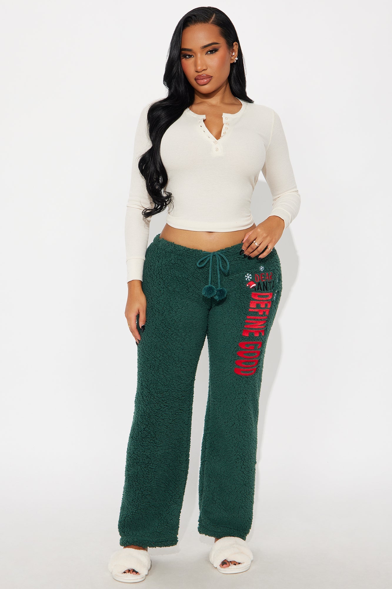 Define Good Embroidered Sherpa PJ Pants - Green