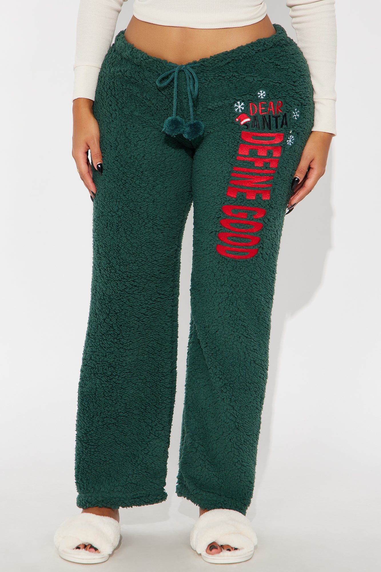 Define Good Embroidered Sherpa PJ Pants - Green