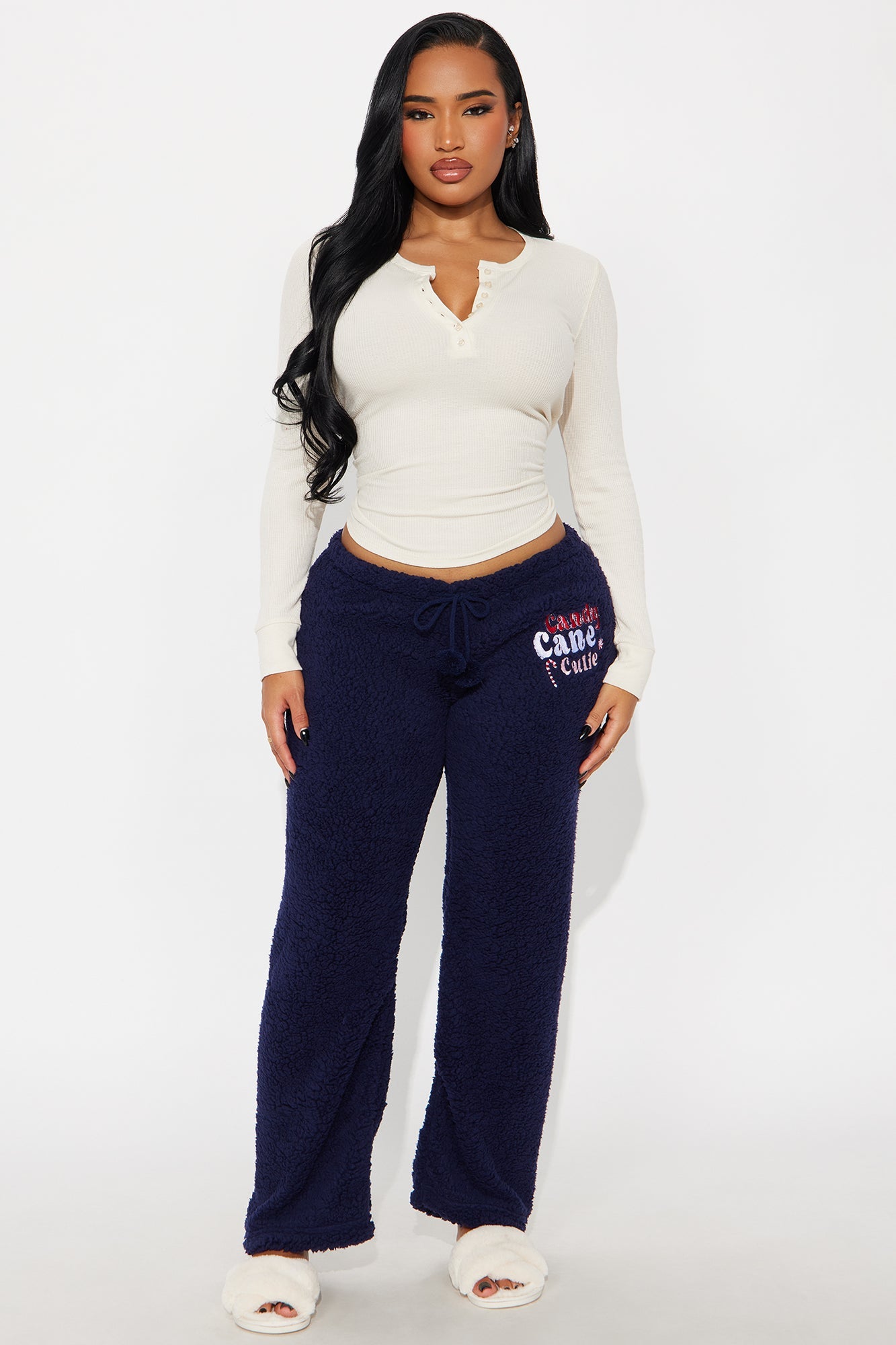 Candy Cane Cutie Embroidered Sherpa PJ Pants - Navy