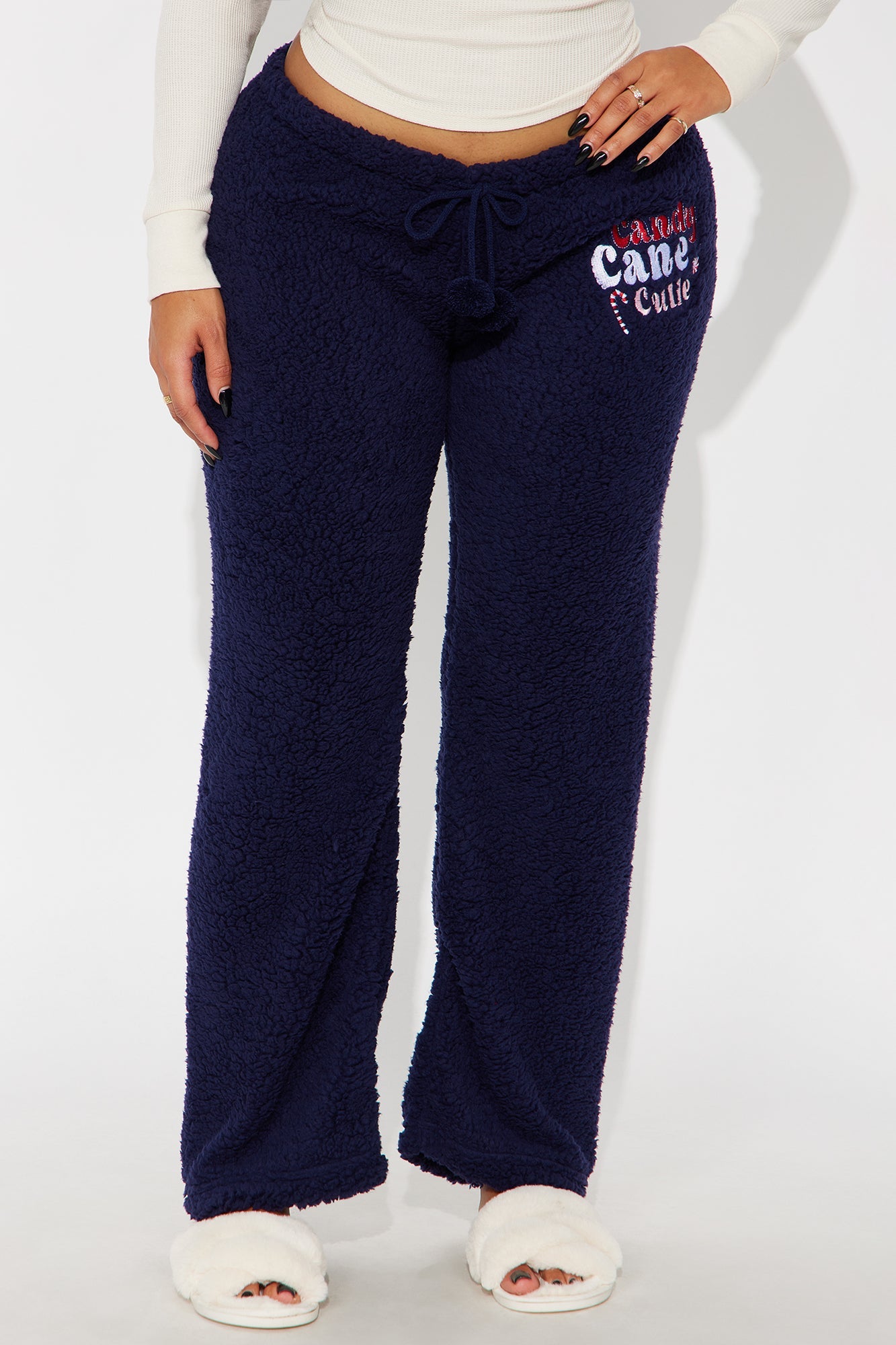 Candy Cane Cutie Embroidered Sherpa PJ Pants - Navy