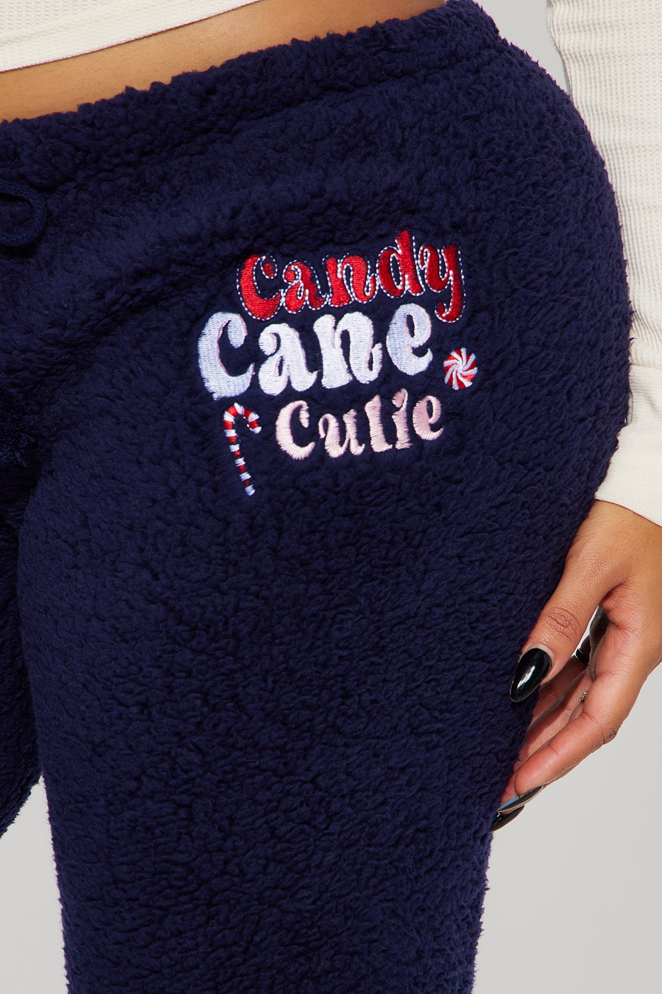 Candy Cane Cutie Embroidered Sherpa PJ Pants - Navy