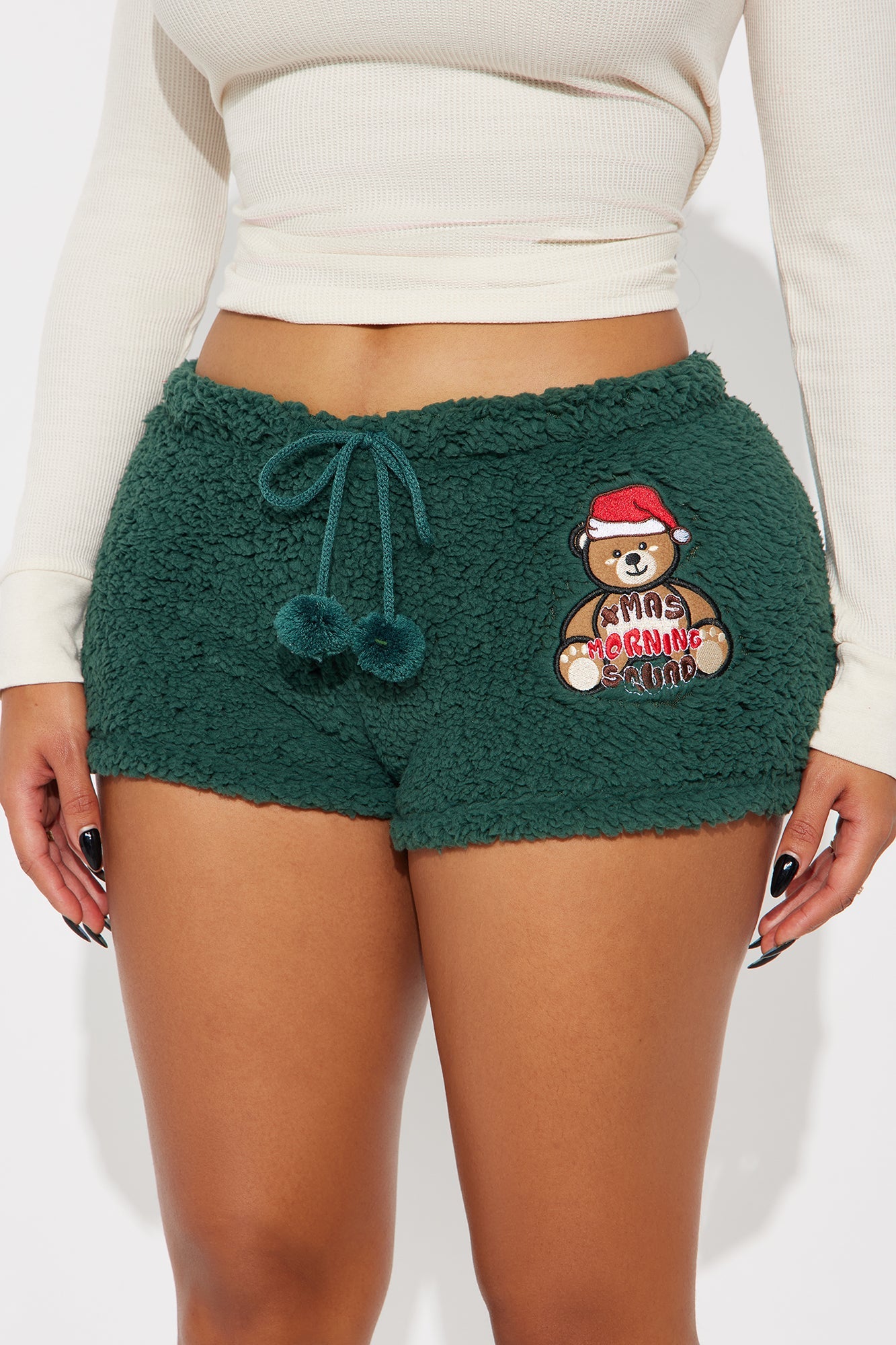 Morning Squad Embroidered Sherpa PJ Shorts - Green