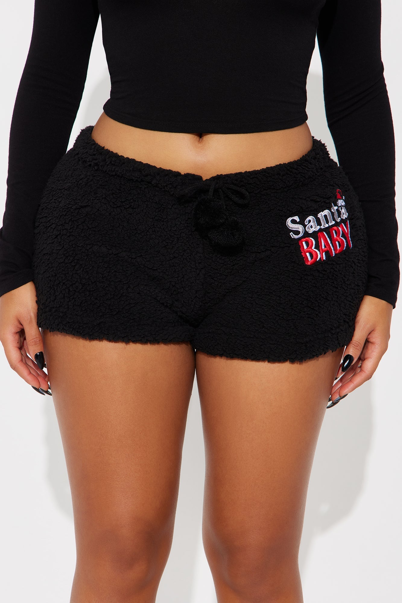 Santa Baby Embroidered Sherpa PJ Shorts - Black