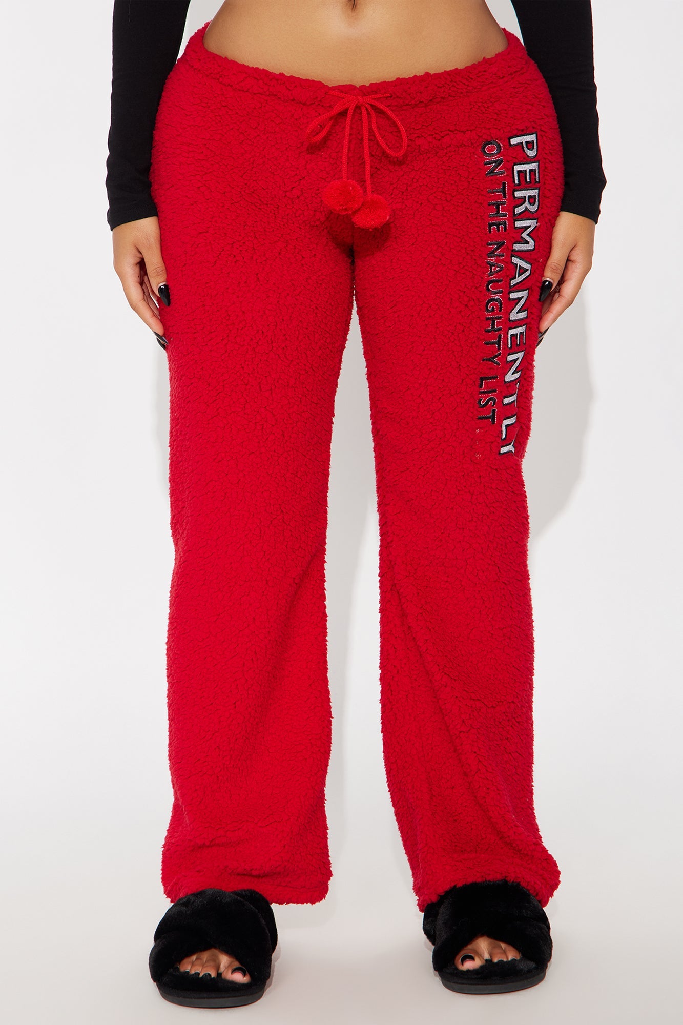 On The Naughty List Embroidered Sherpa PJ Pants - Red