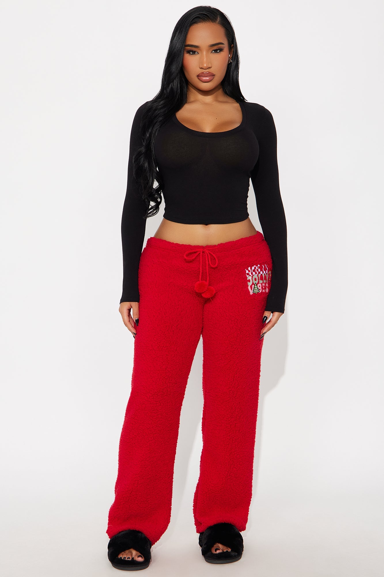 Holly Jolly Vibes Embroidered Sherpa PJ Pants - Red