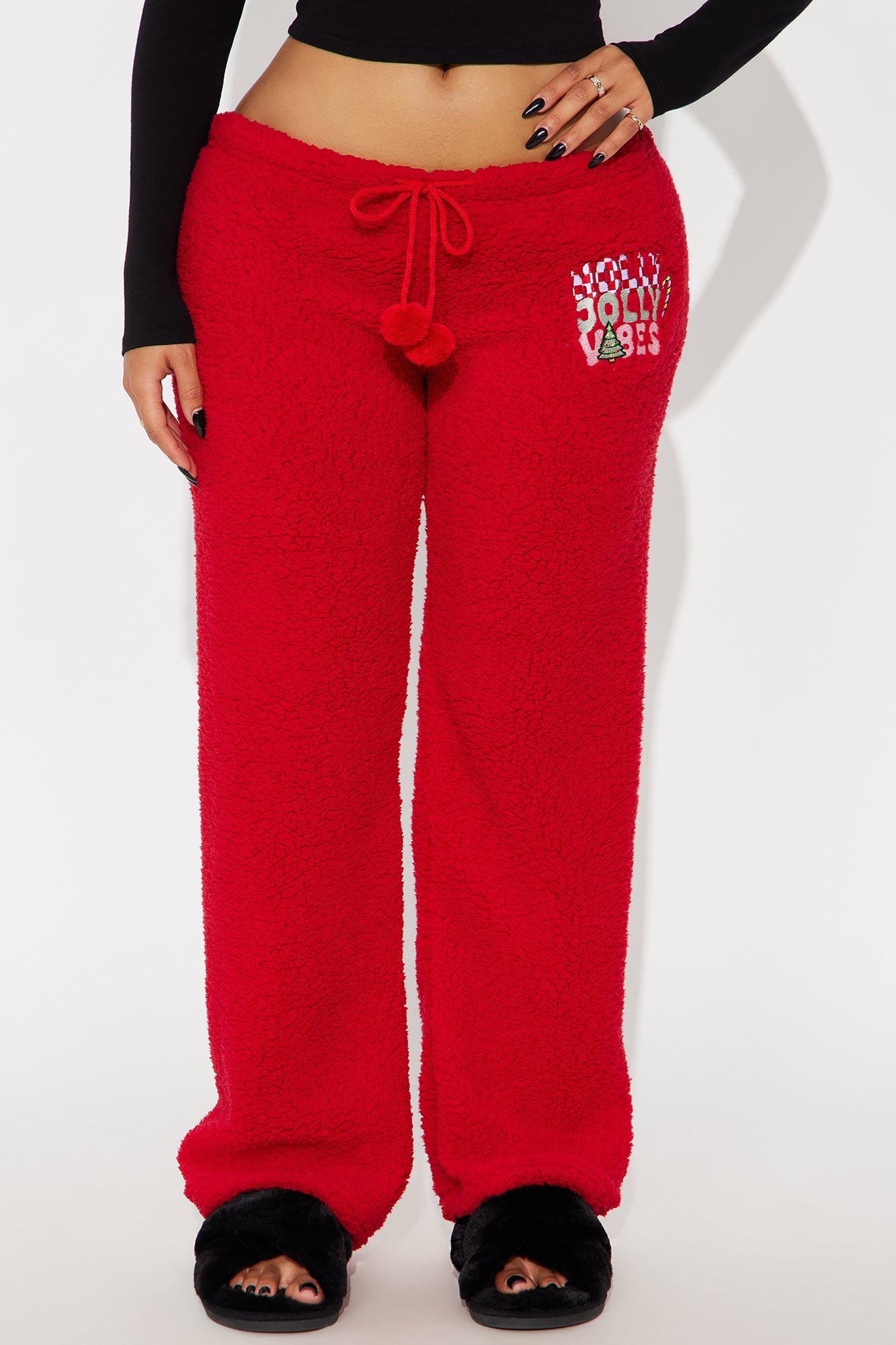 Holly Jolly Vibes Embroidered Sherpa PJ Pants - Red