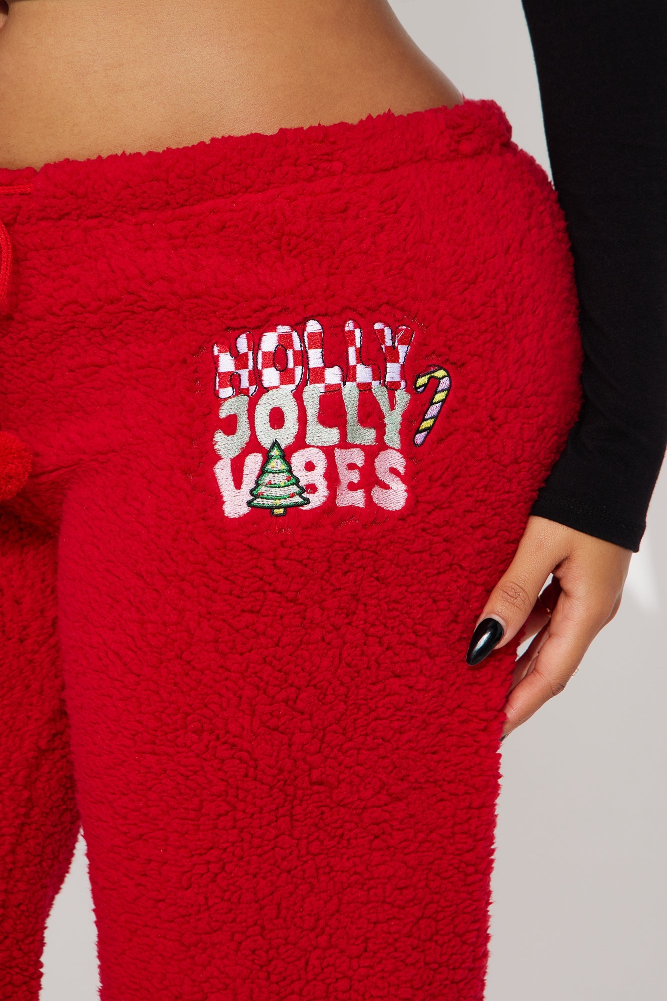 Holly Jolly Vibes Embroidered Sherpa PJ Pants - Red